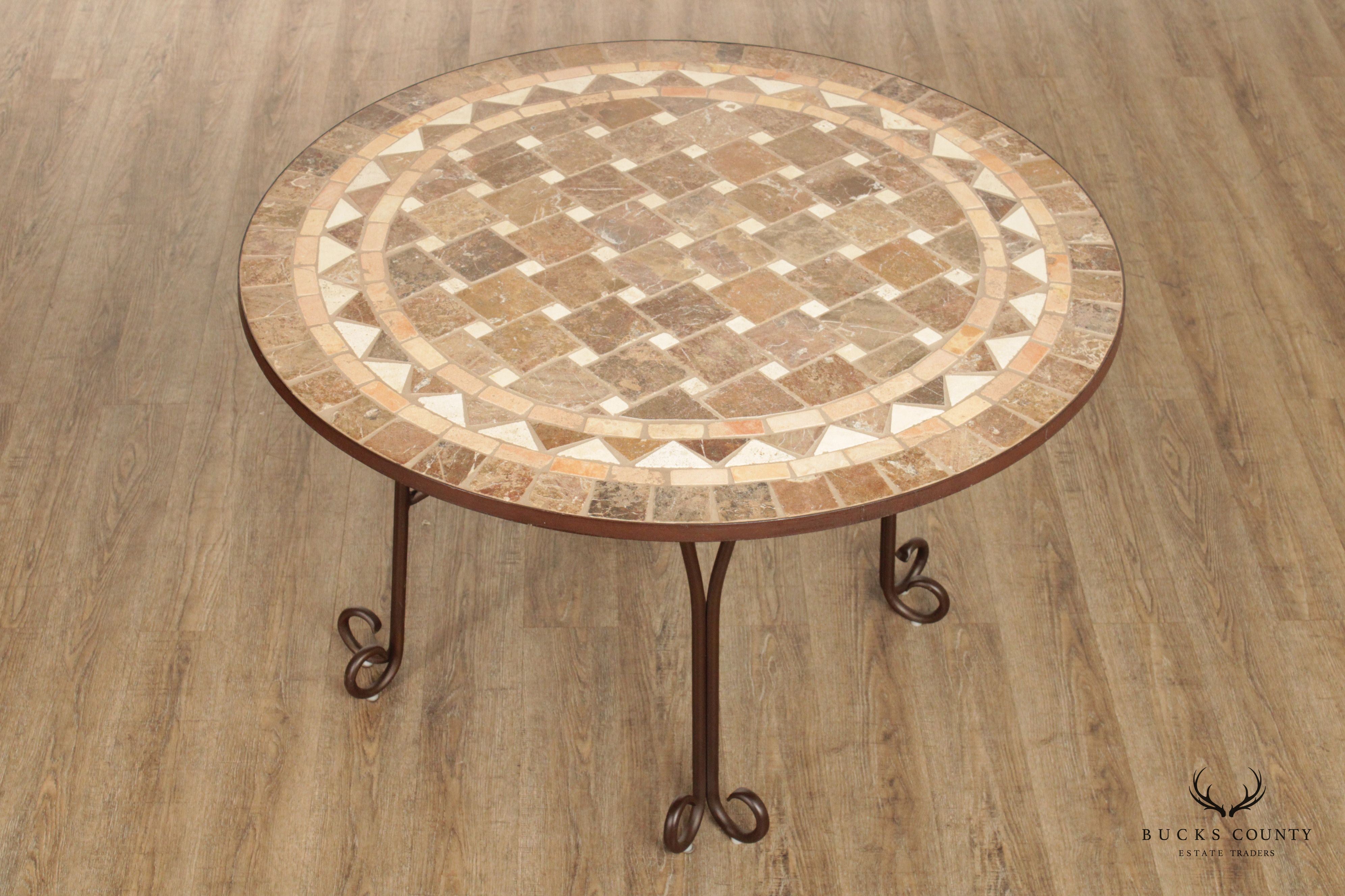 Tuscan Style Mosaic Stone & Wrought Iron Round Dining Table