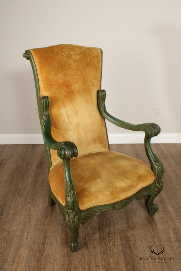 Antique Rococo Style Carved and Painted Highback Throne Armchair