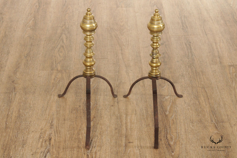 Antique Empire Pair of Brass Andirons
