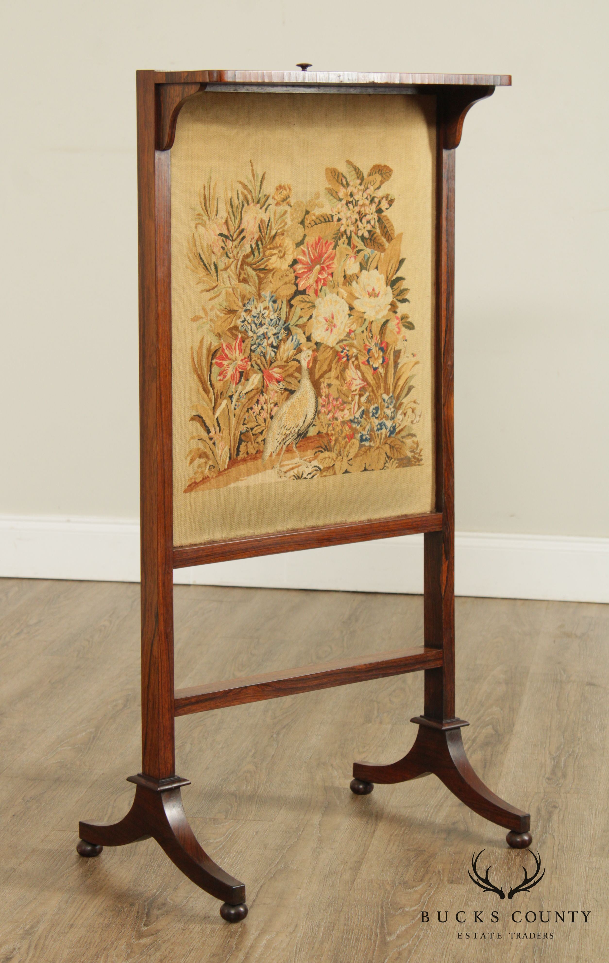 Antique English Regency Rosewood Needlepoint Fire Screen