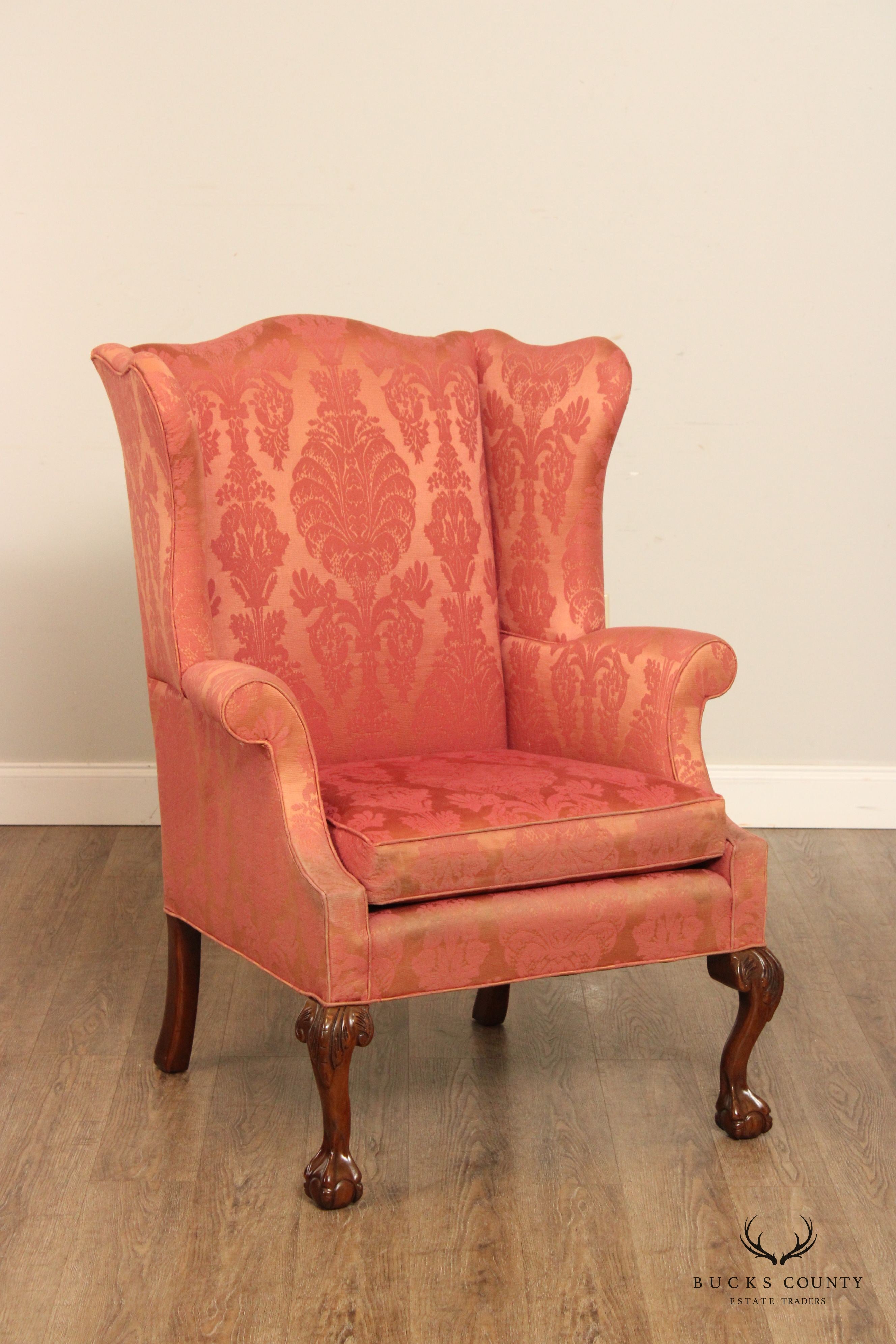 Chippendale Style Custom Upholstered Wing Armchair