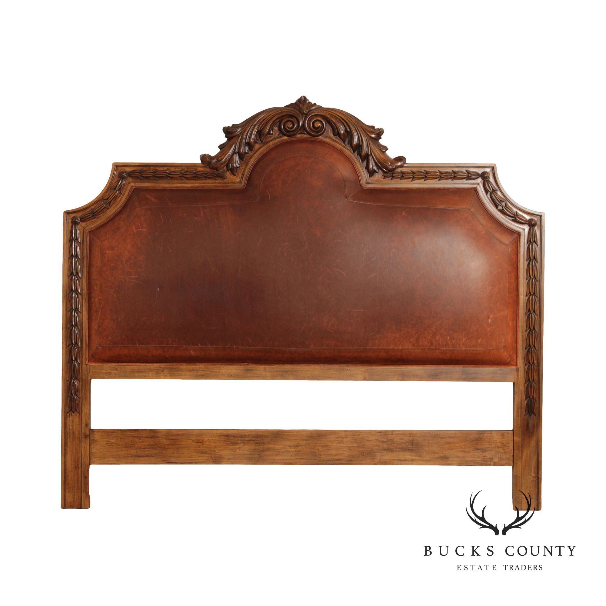 Rustic European Style King Size Carved Wood And Leather Headboard