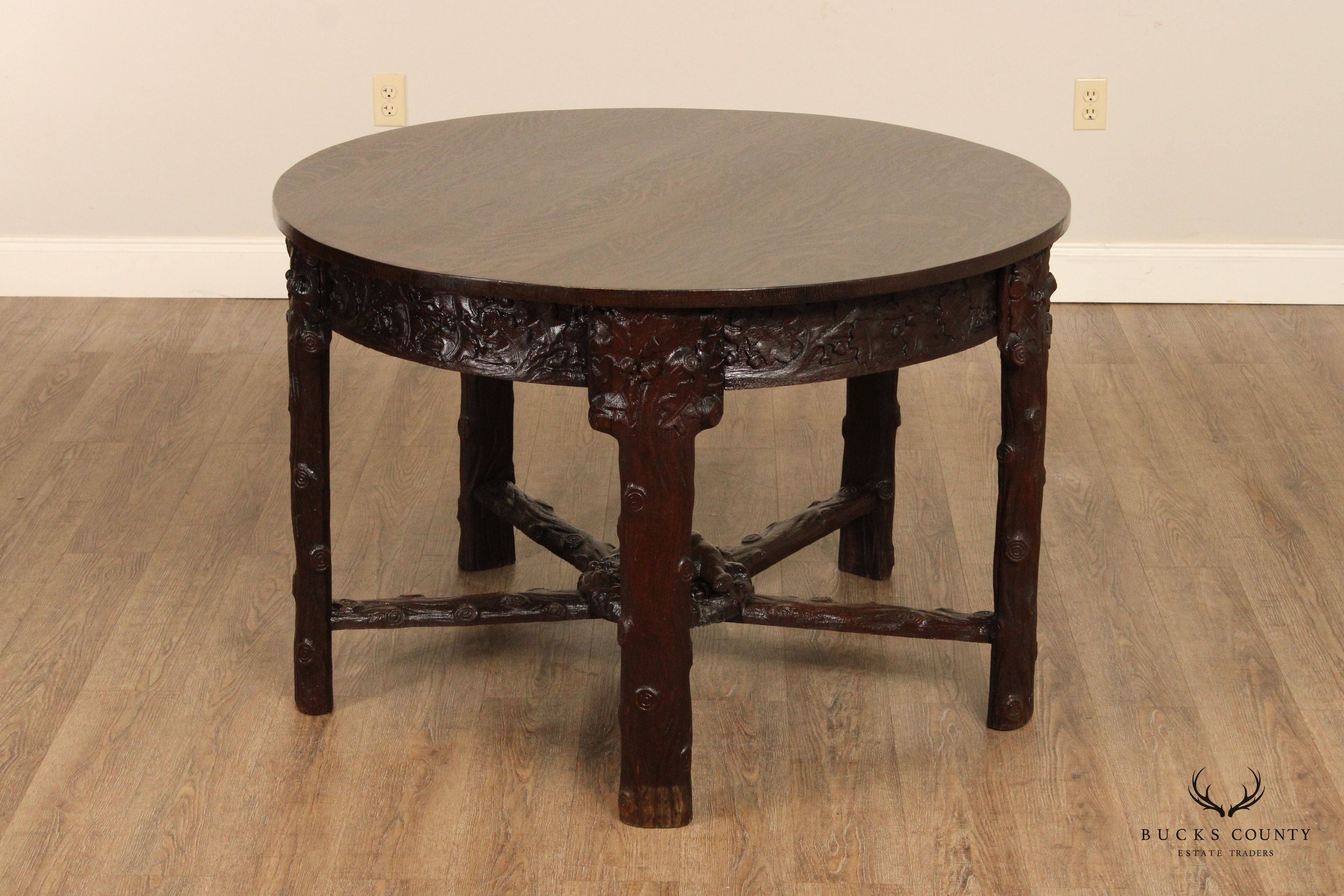 Antique American Black Forest Style Carved Oak Round Dining Table