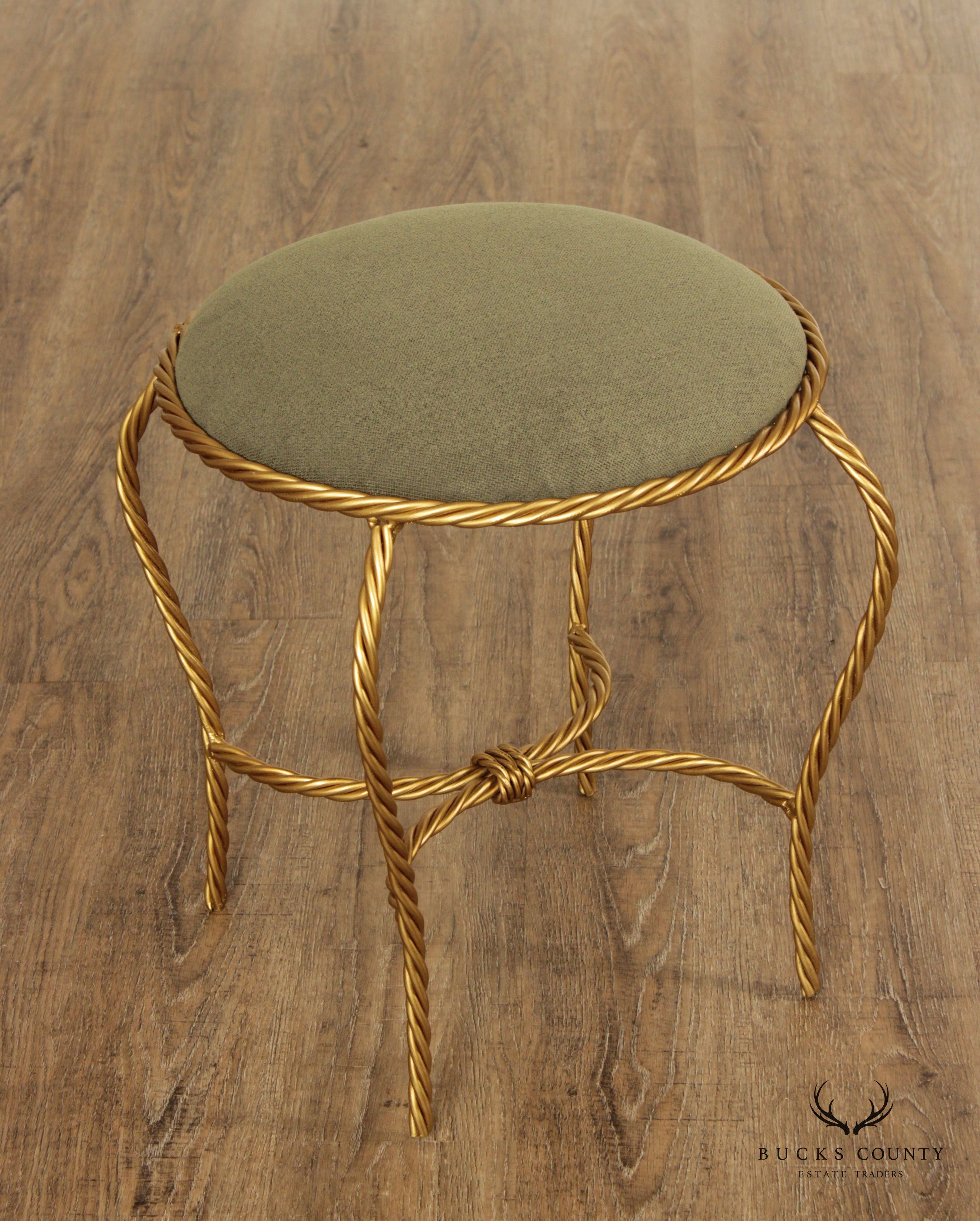 Italian Hollywood Regency Pair Gilt Rope Twist Stools