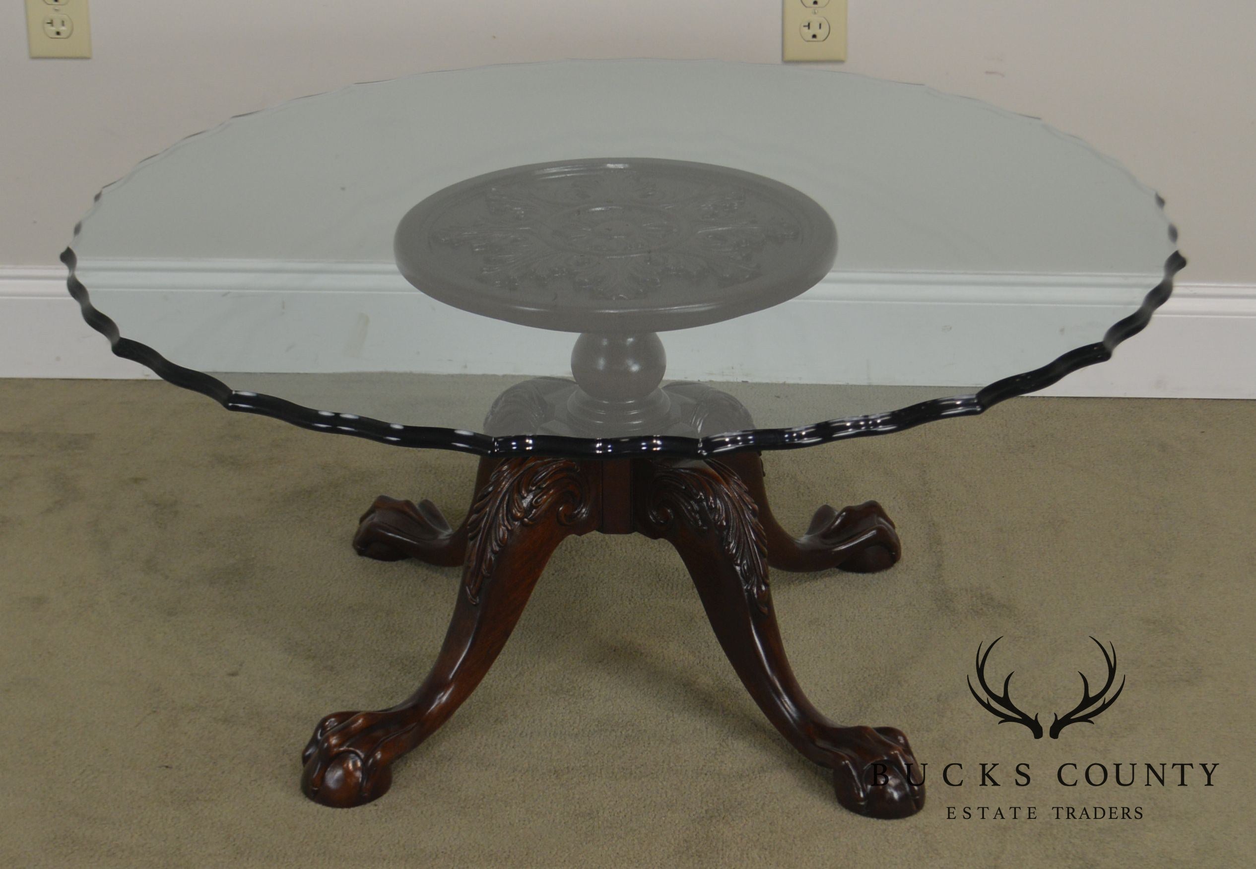 Carved Mahogany Ball & Claw Chippendale Style Glass Top Coffee Table