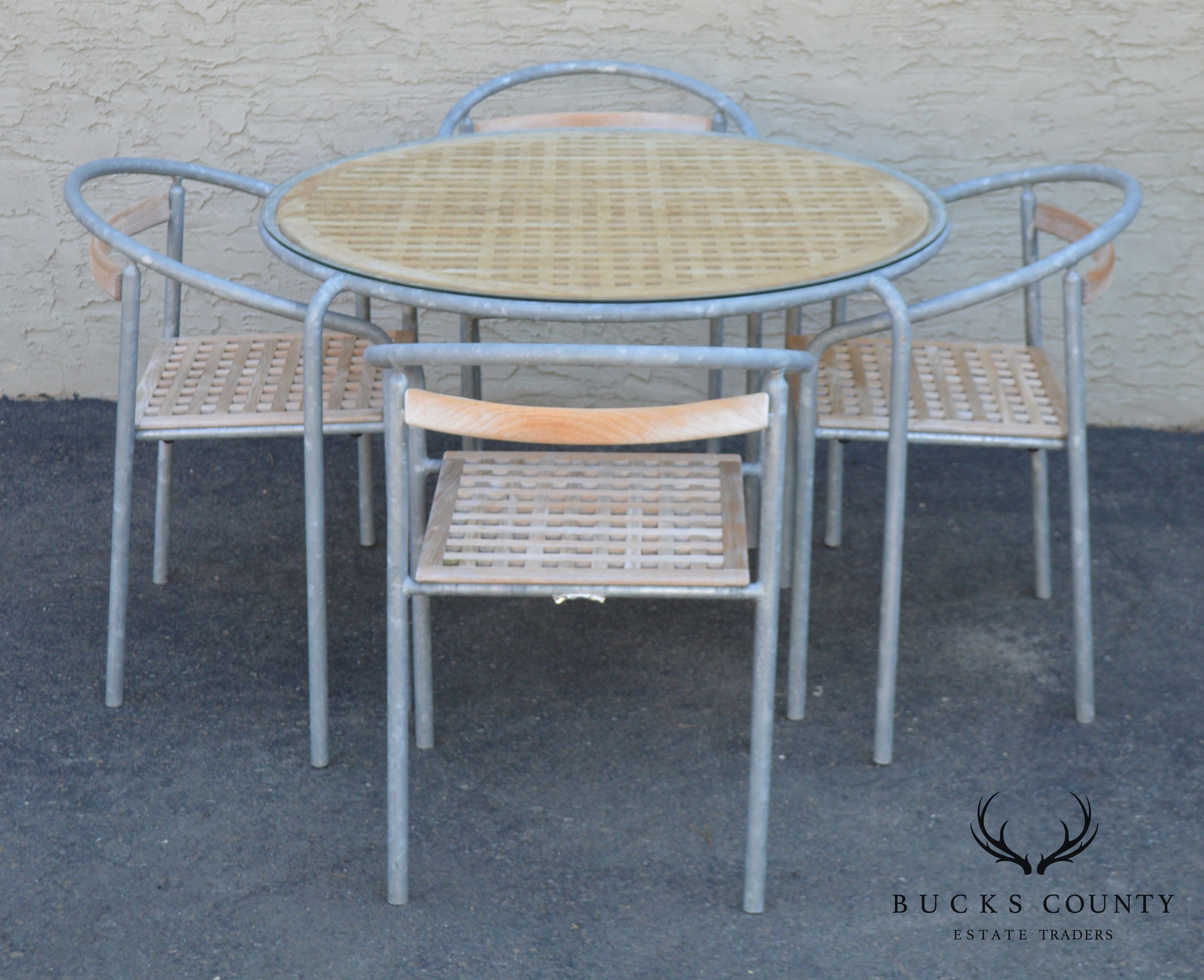 Soho Contract Group Teak and Galvanized Steel Round Patio Table + 4 Chairs Dining Set (A)