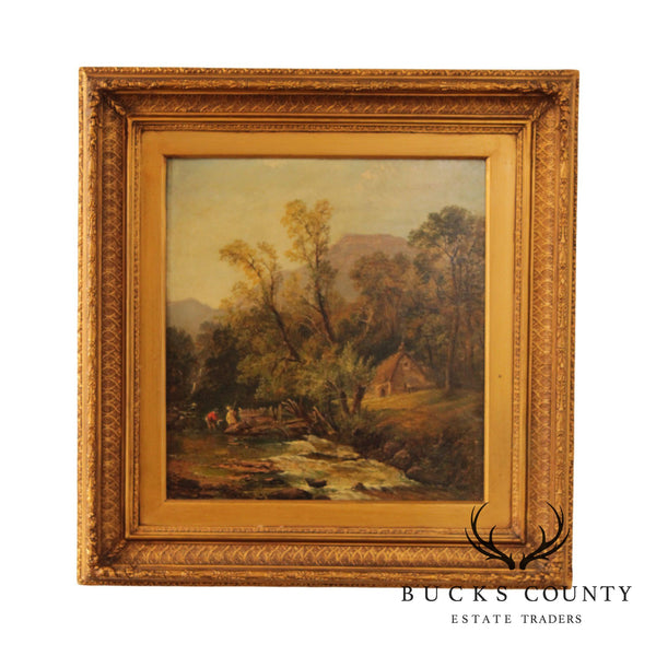 Antique Rustic Landscape Oil Painting, Custom Framed