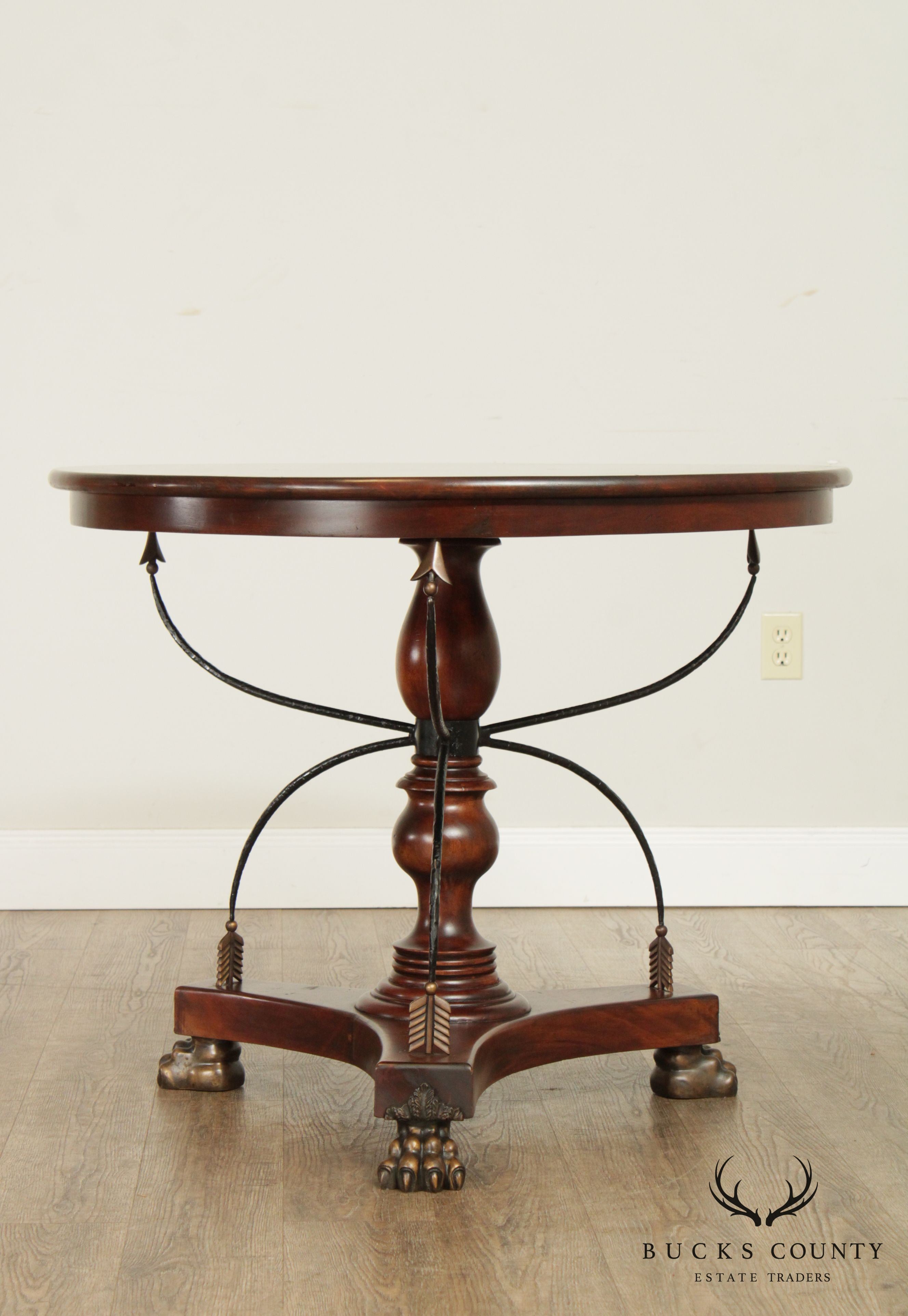 Neoclassical Style Round Solid Mahogany Center Table with Crossed Arrows, Bronze Claw Feet