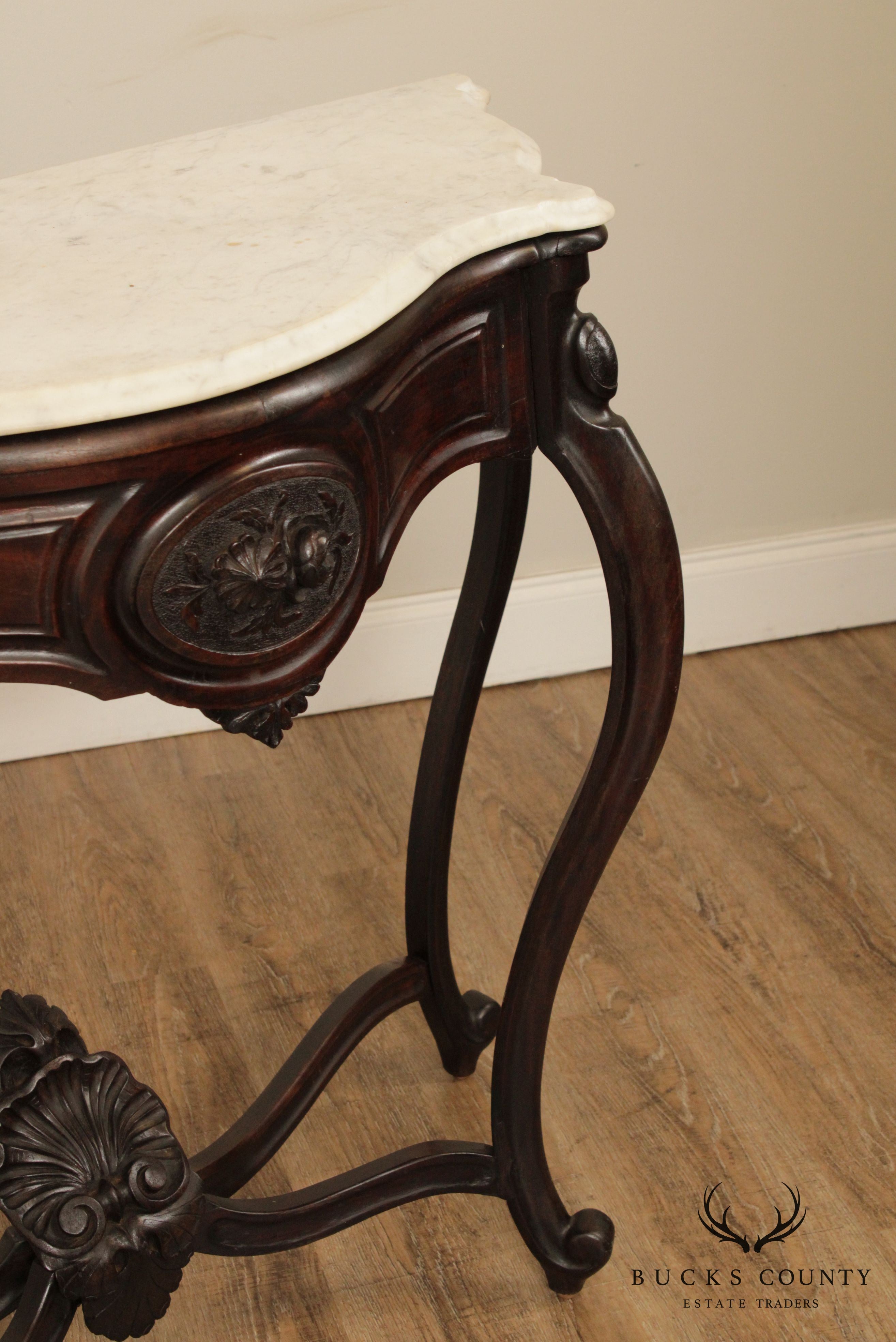 Antique Victorian Renaissance Revival Marble Top Walnut Console Table