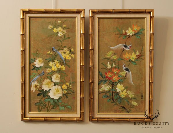 Vintage Pair Hand Painted Chinese Panels Faux Bamboo Frames