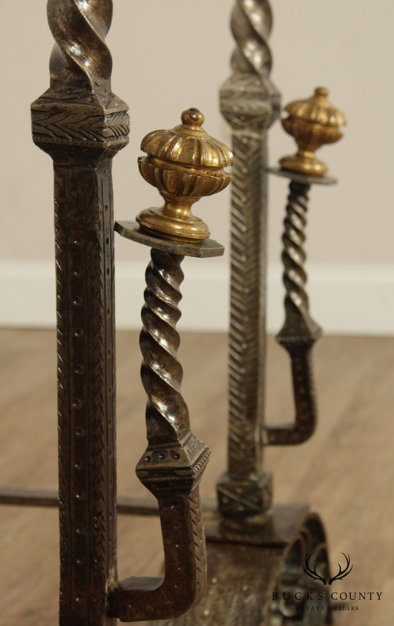 Antique Aesthetic Movement Pair of Tall Brass & Iron Andirons