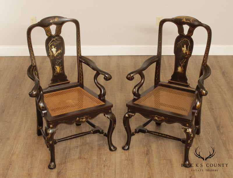 Queen Anne Style Chinoiserie Decorated Vintage Pair of Armchairs