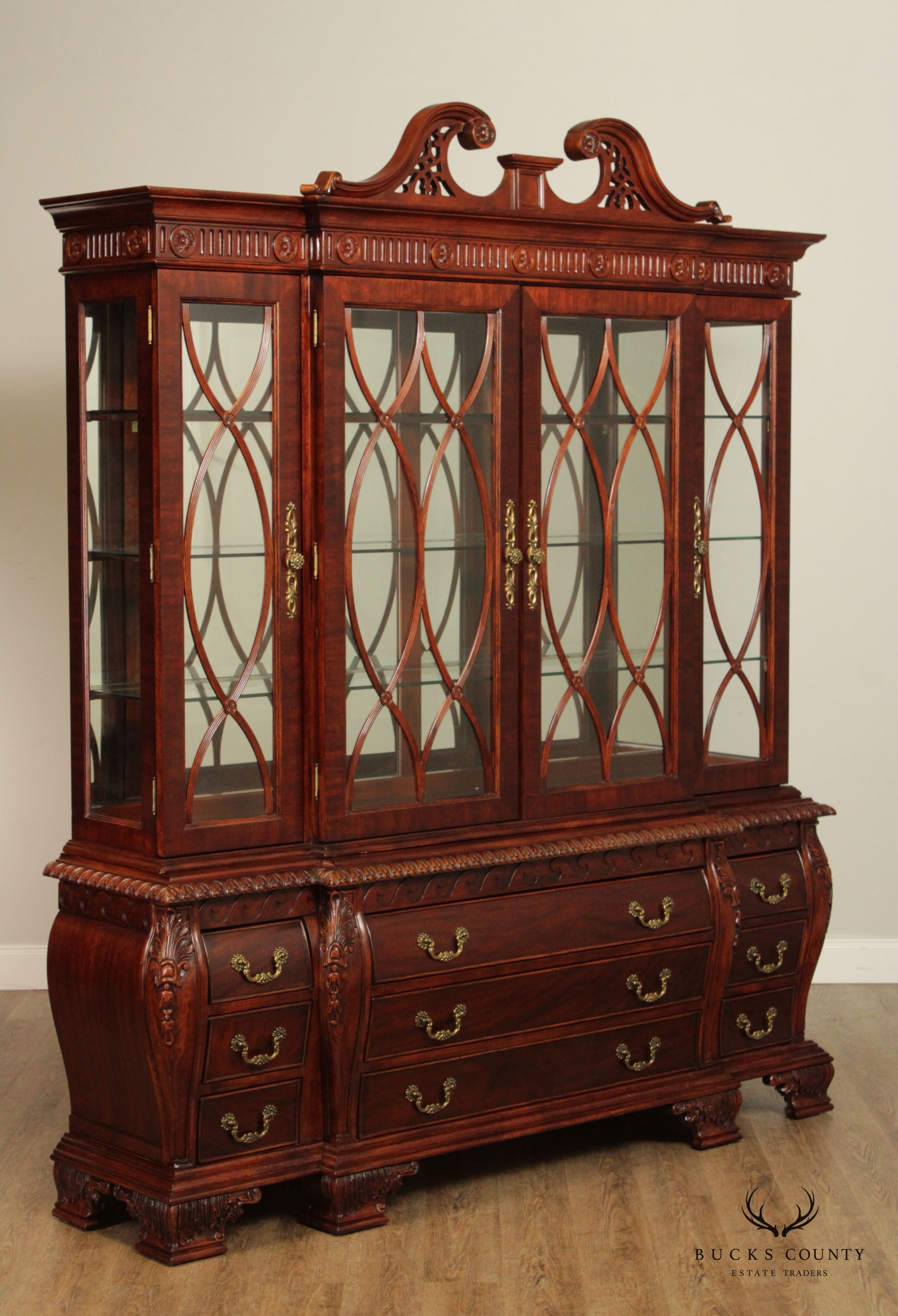 Federal Style Carved Mahogany Lighted Breakfront China Cabinet