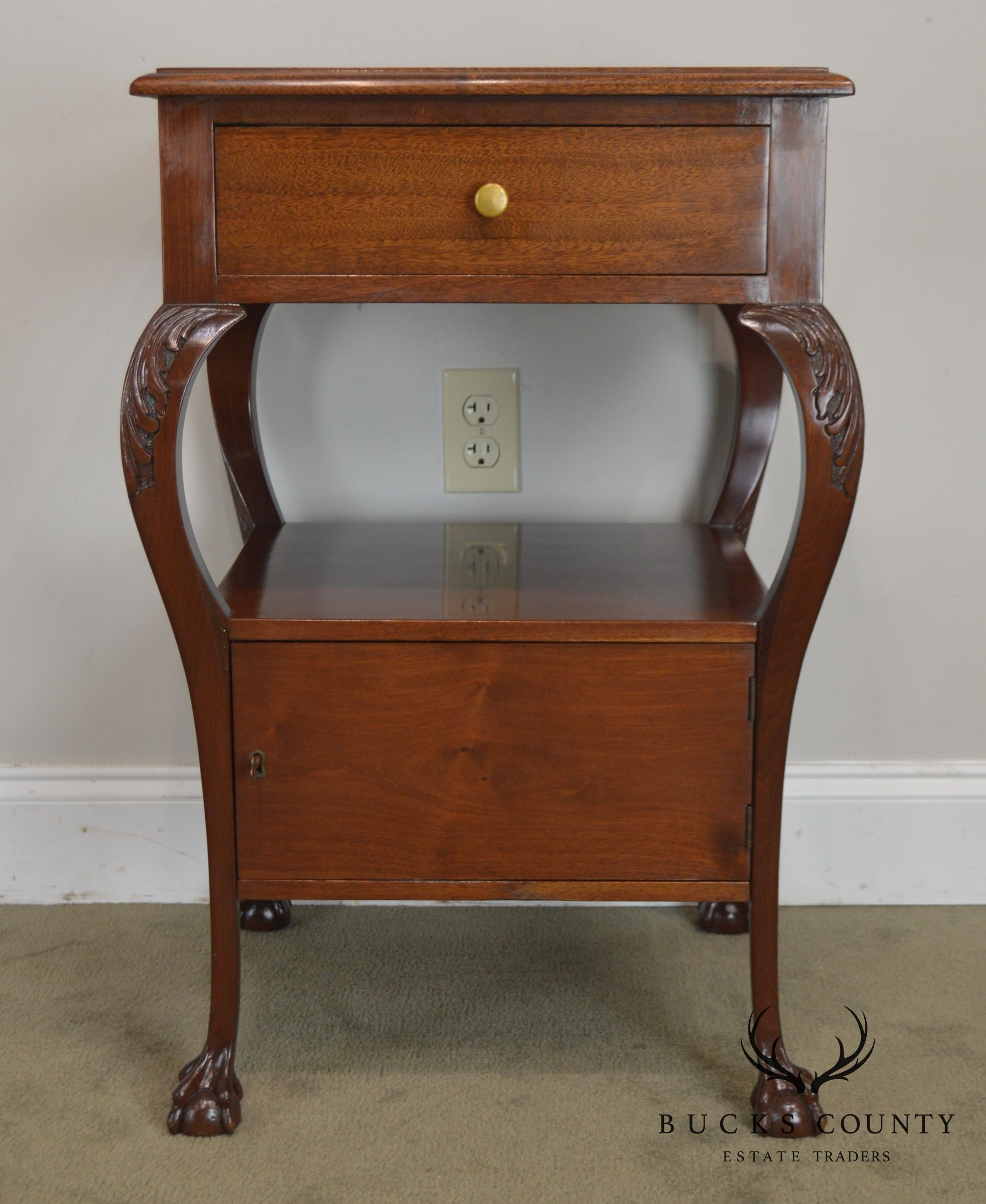 Chippendale Style Antique Custom Mahogany Ball & Claw One Drawer One Door Stand