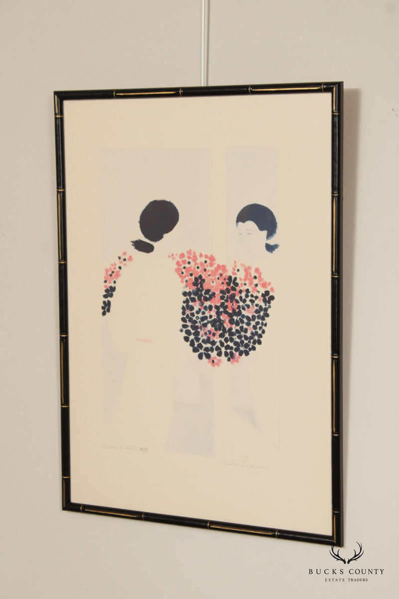 Andre Brasillier Framed Lithograph of a Woman with Flowers