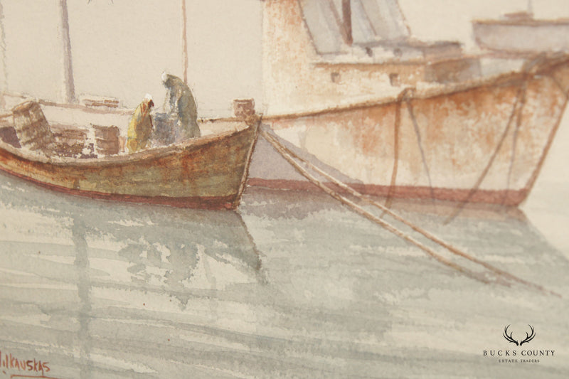 20th Century Fishing Boats at Anchor Watercolor Painting, Signed Rolandas Vilkauskas