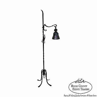 Antique Arts & Crafts Hand Forged Iron Floor Lamp w/Art Glass Shade