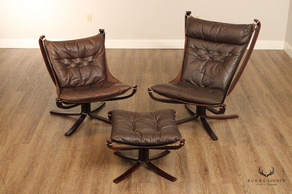 Sigurd Ressell for Vatne Mobler Danish Modern Leather 'Falcon' Lounge Chairs and Ottoman