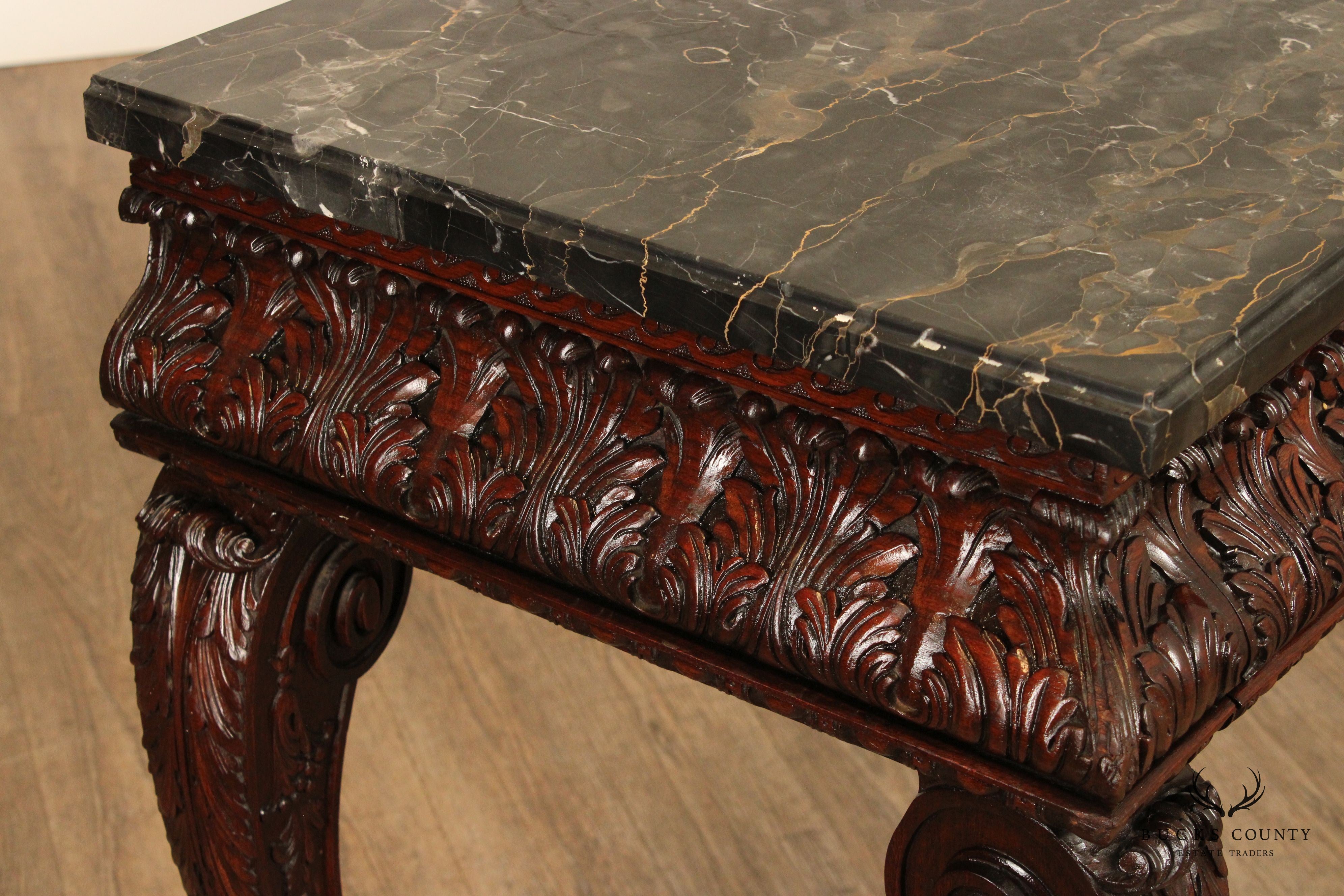 Antique Georgian Style Carved Mahogany Marble Top Console Table