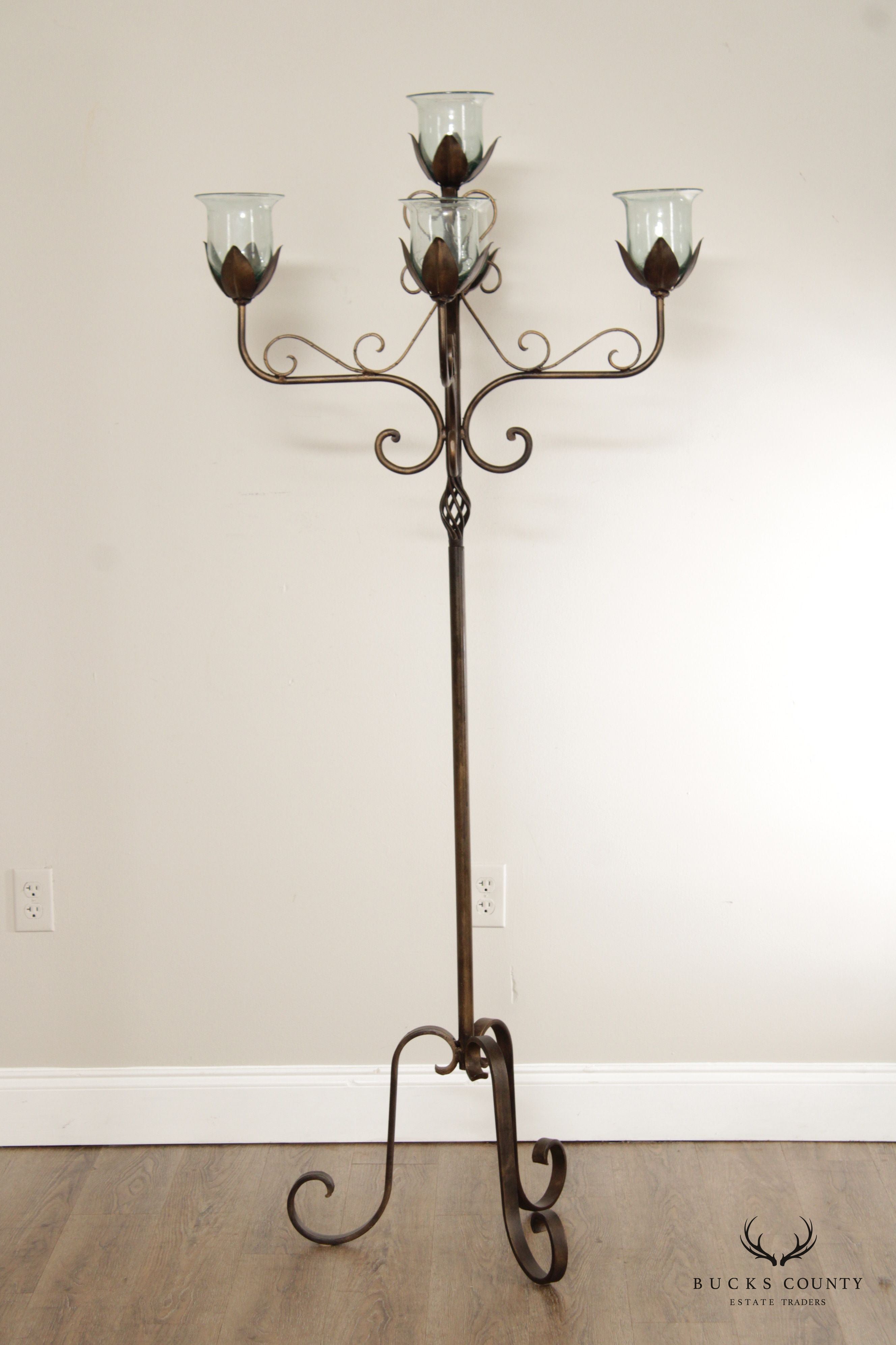 Wrought Iron Floor Candelabra With Glass Shades