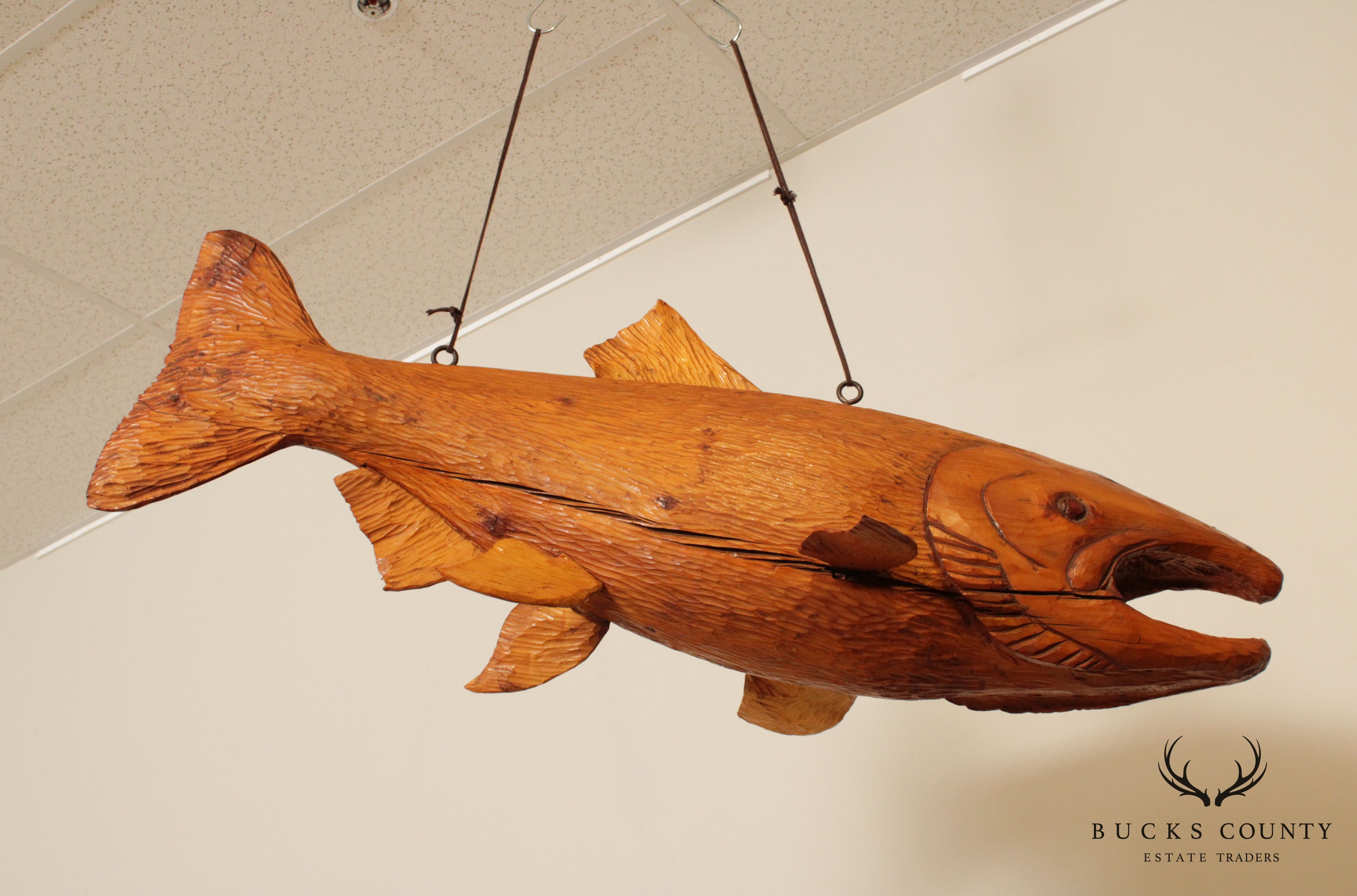 Vintage Rustic Wood Carved Salmon