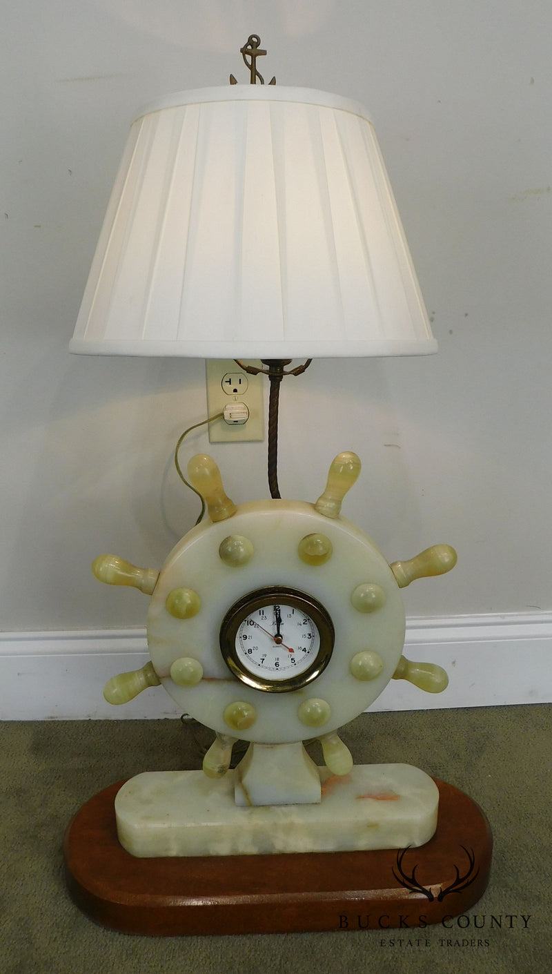 Vintage Nautical Onyx Ships Wheel Table Lamp Clock