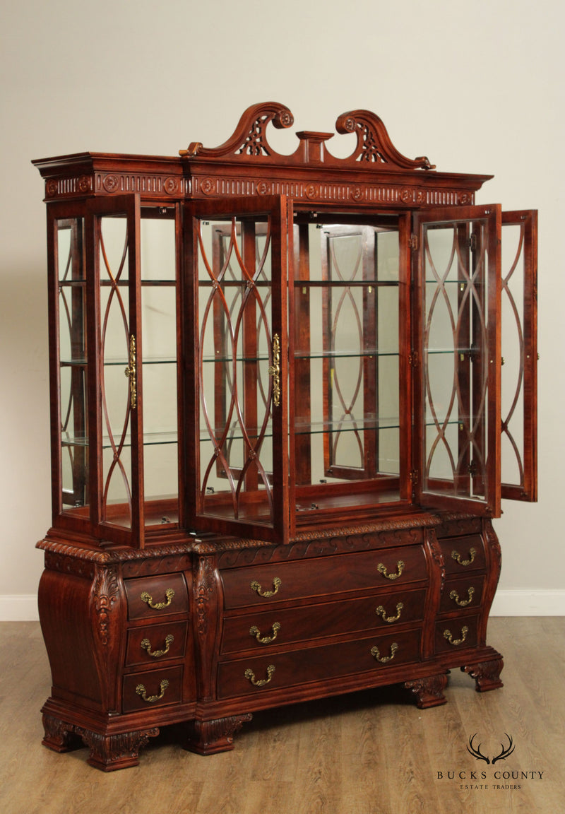 Federal Style Carved Mahogany Lighted Breakfront China Cabinet
