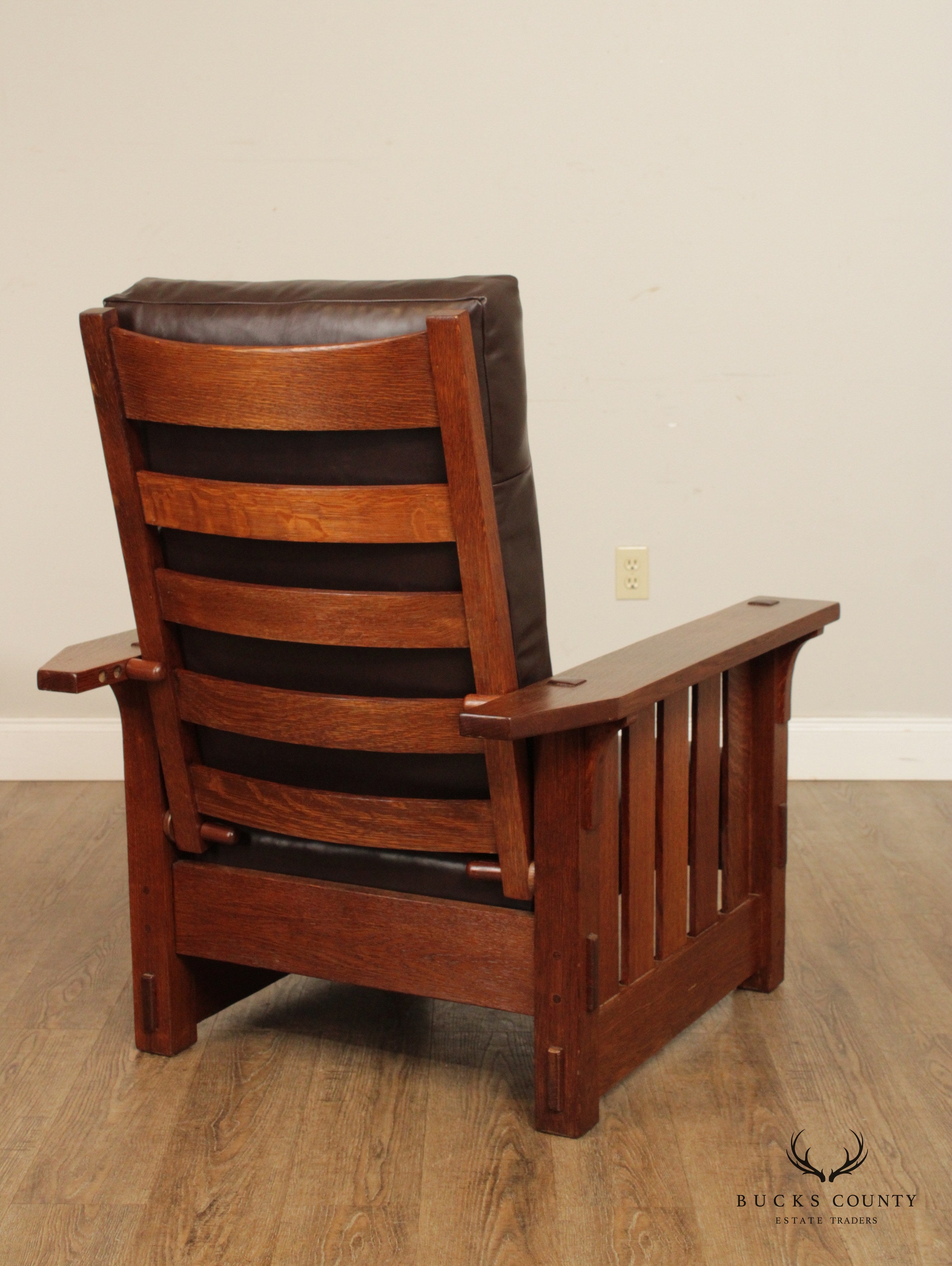 Gustav Stickley Antique Mission Oak and Leather Reclining Morris Chair