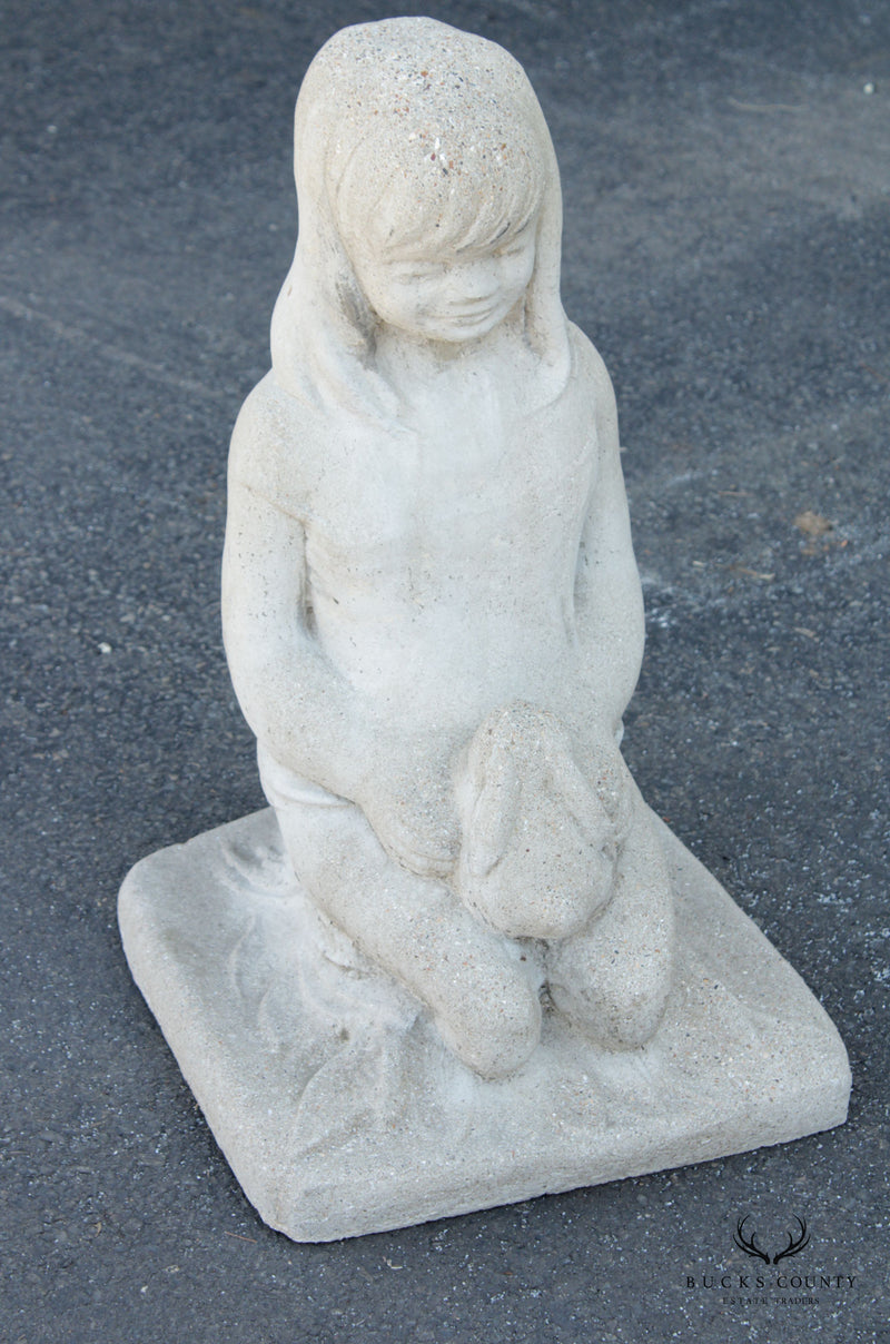 Vintage Cast Stone Child Holding Bunny Garden Sculpture