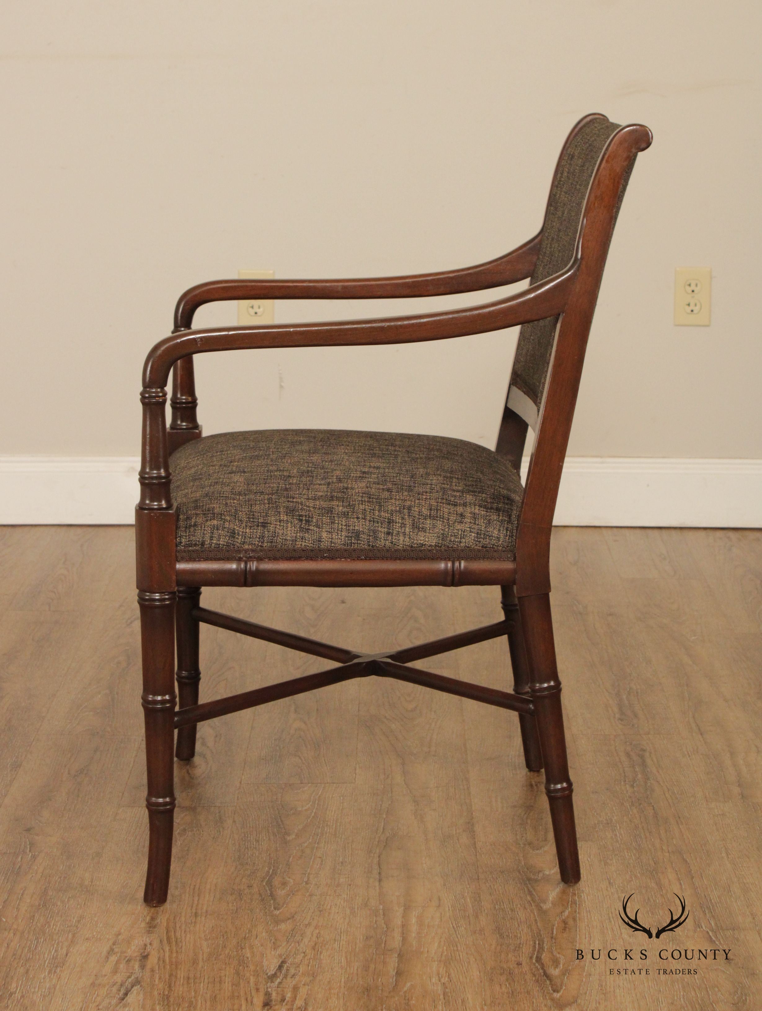 Regency Style Pair Faux Bamboo Mahogany Arm Chairs