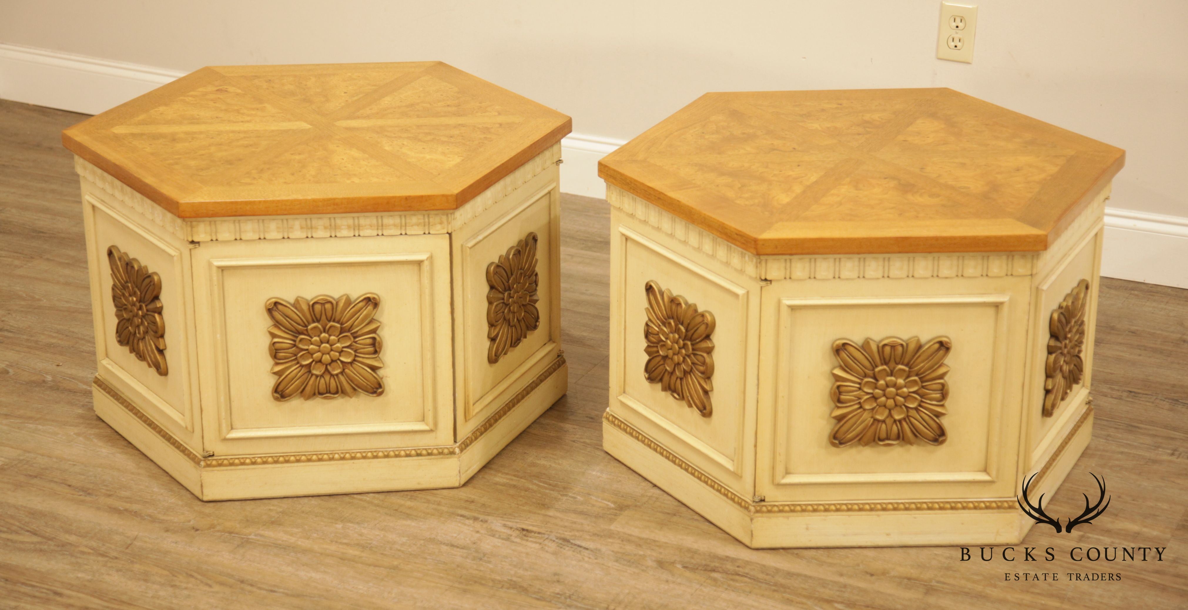 Florentine Style Vintage Pair Burl Wood, Partial Gilt & Painted Storage End Tables by Lane