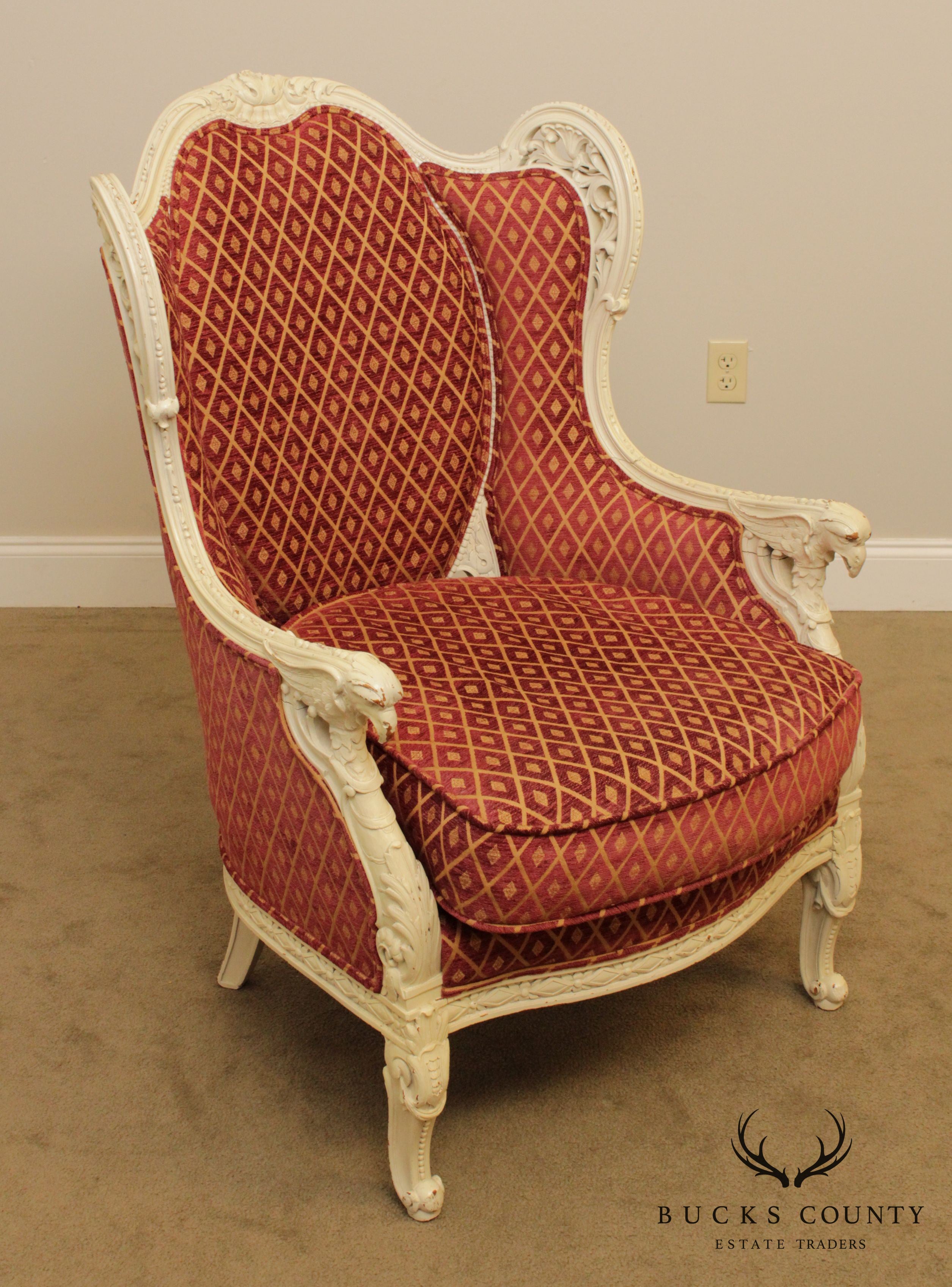 1920's French Louis XV Style Vintage Eagle Carved Bergere Wing Chair