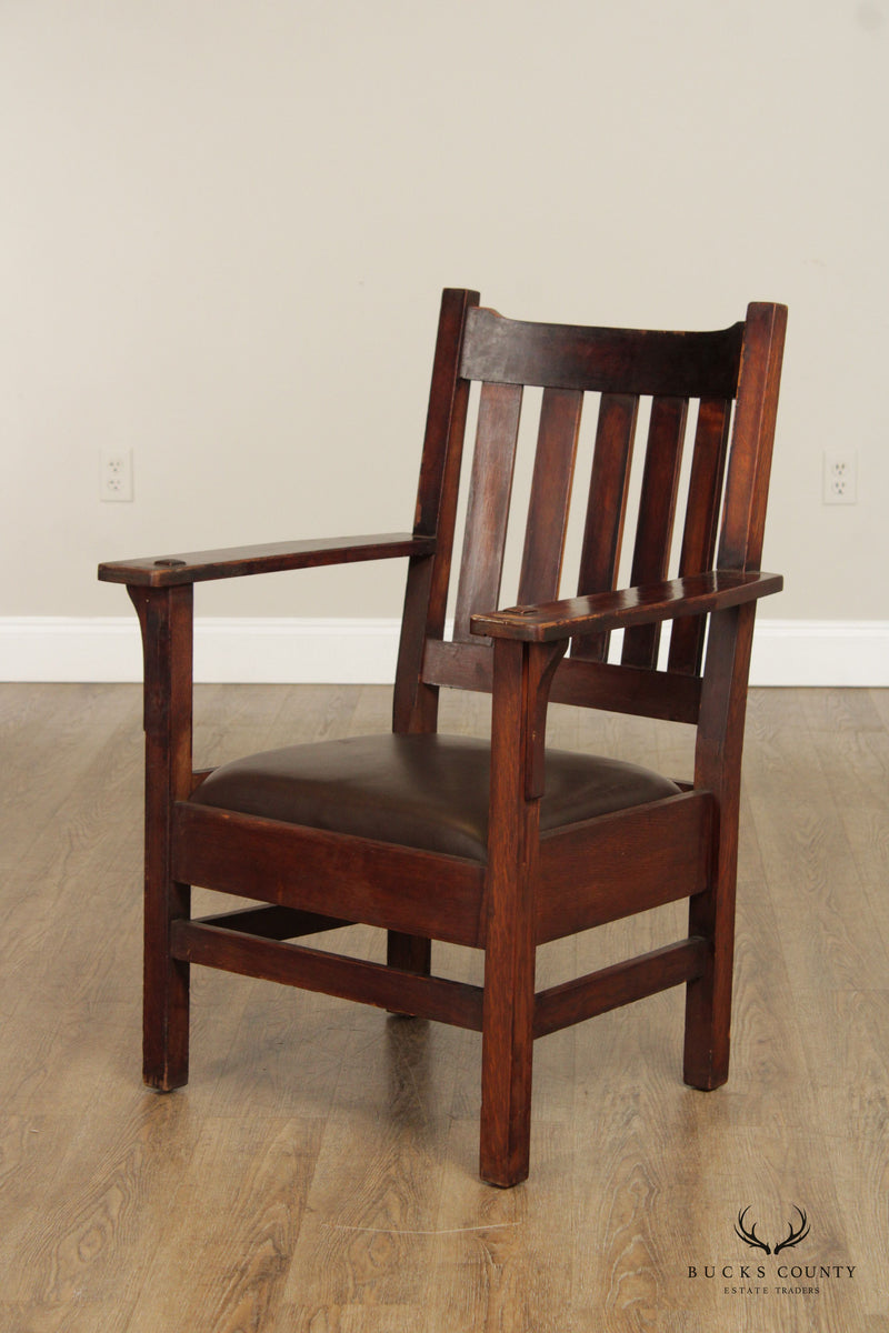 J. M. Young & Son Mission Arts and Crafts Oak And Leather Arm Chair