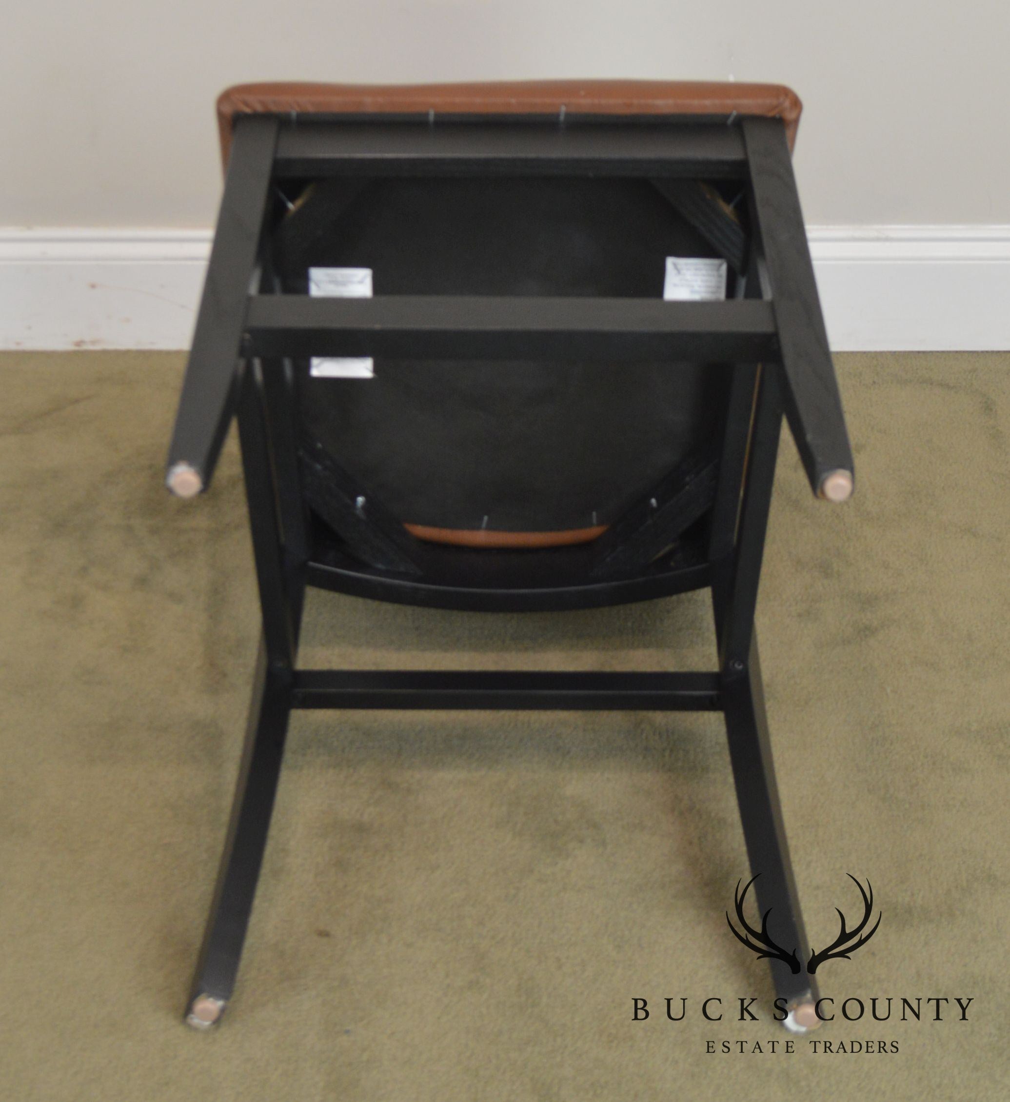 F & N Woodworking Pair Black Bar Stools with Brown Leather Seats