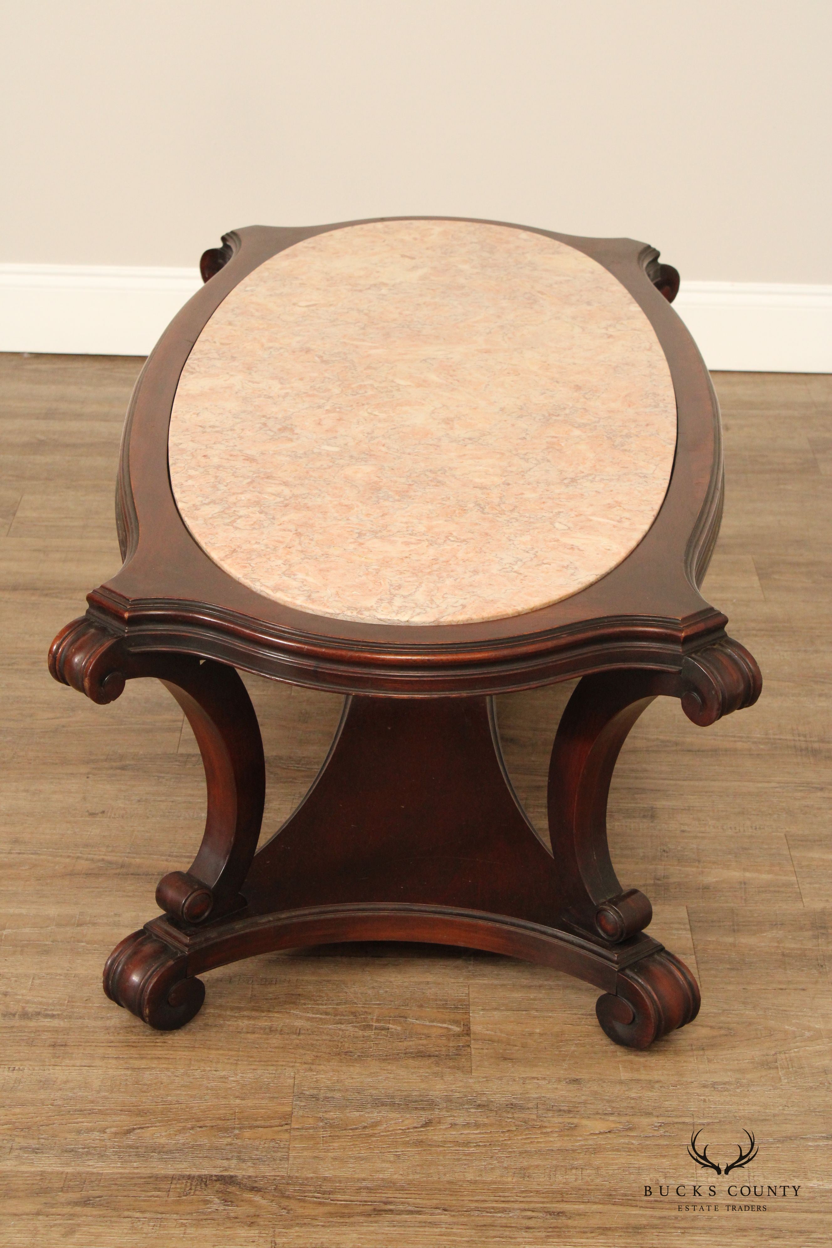 French Empire Style Vintage Marble Top Mahogany Coffee Table