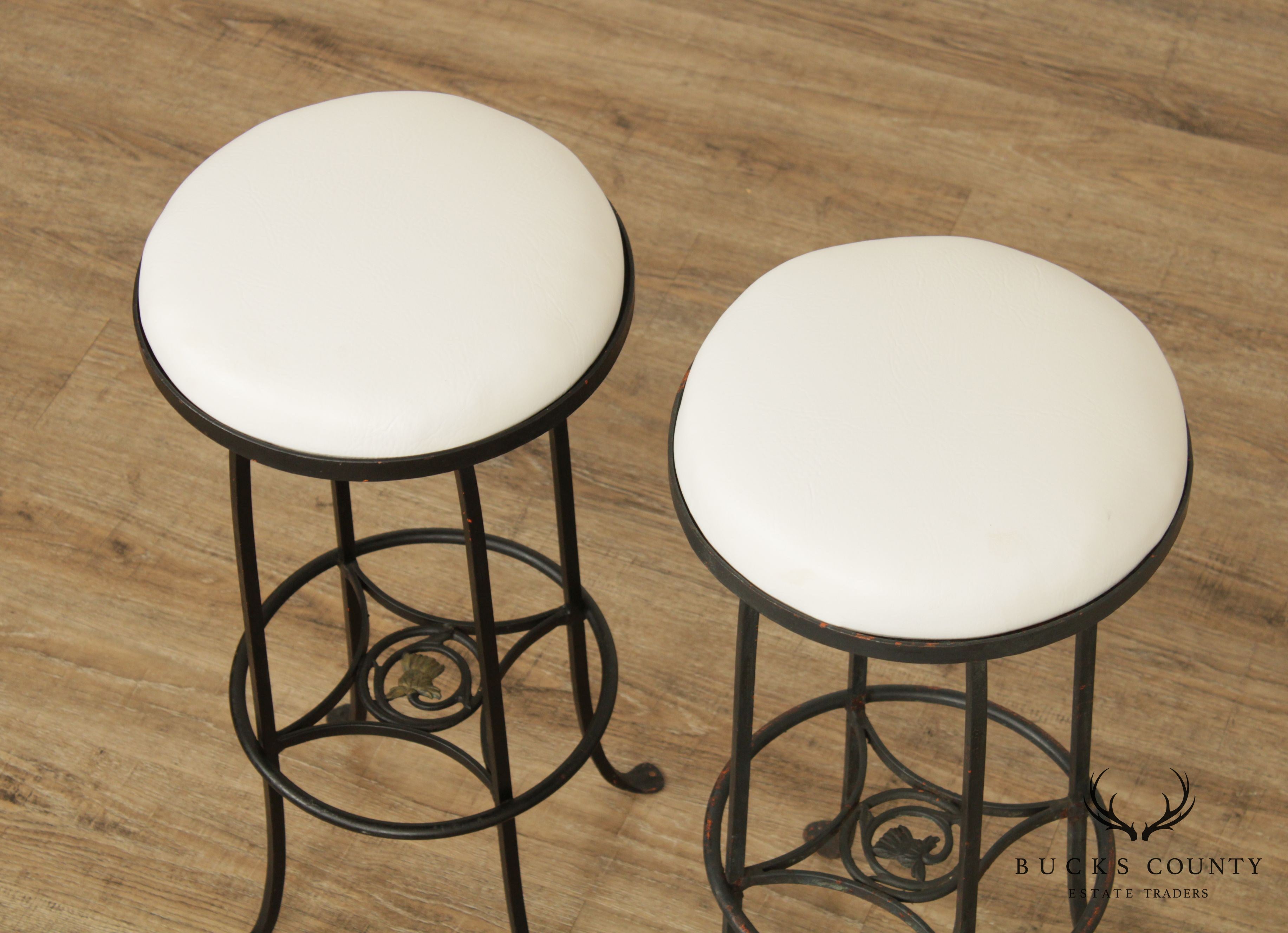 Custom Pair of Vintage Wrought Iron and Vinyl Patio Bar Stools