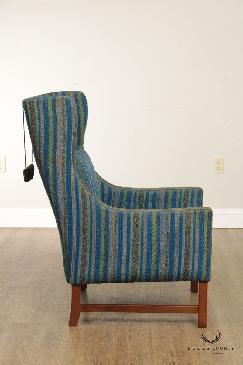 Mid Century Modern Custom Upholstered Winged Lounge Chair and Ottoman