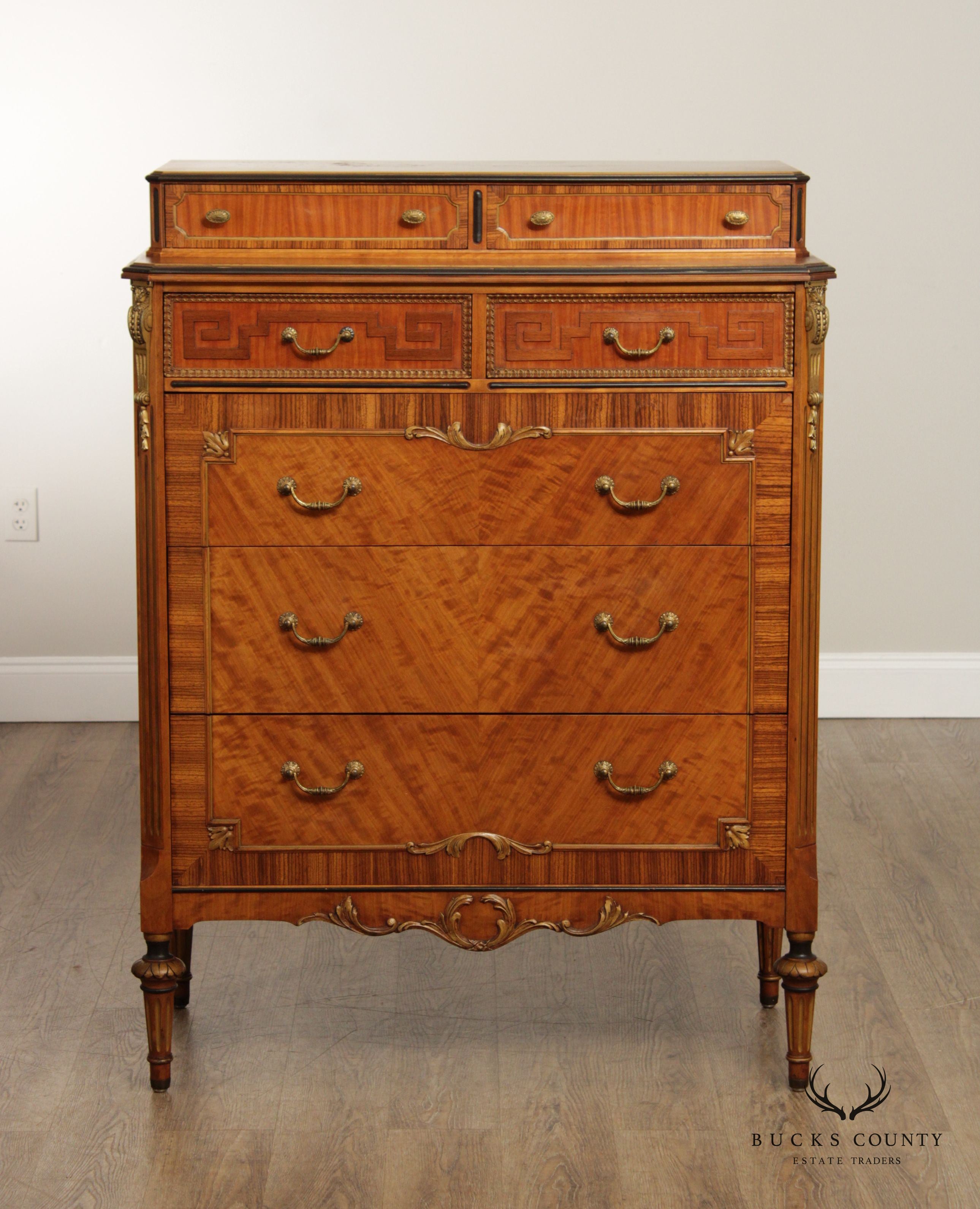 1930's French Louis XVI Style Vintage Satinwood High Chest By Sligh