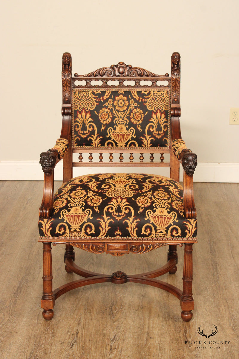 Antique French Renaissance Revival Style Carved Walnut Throne Armchair