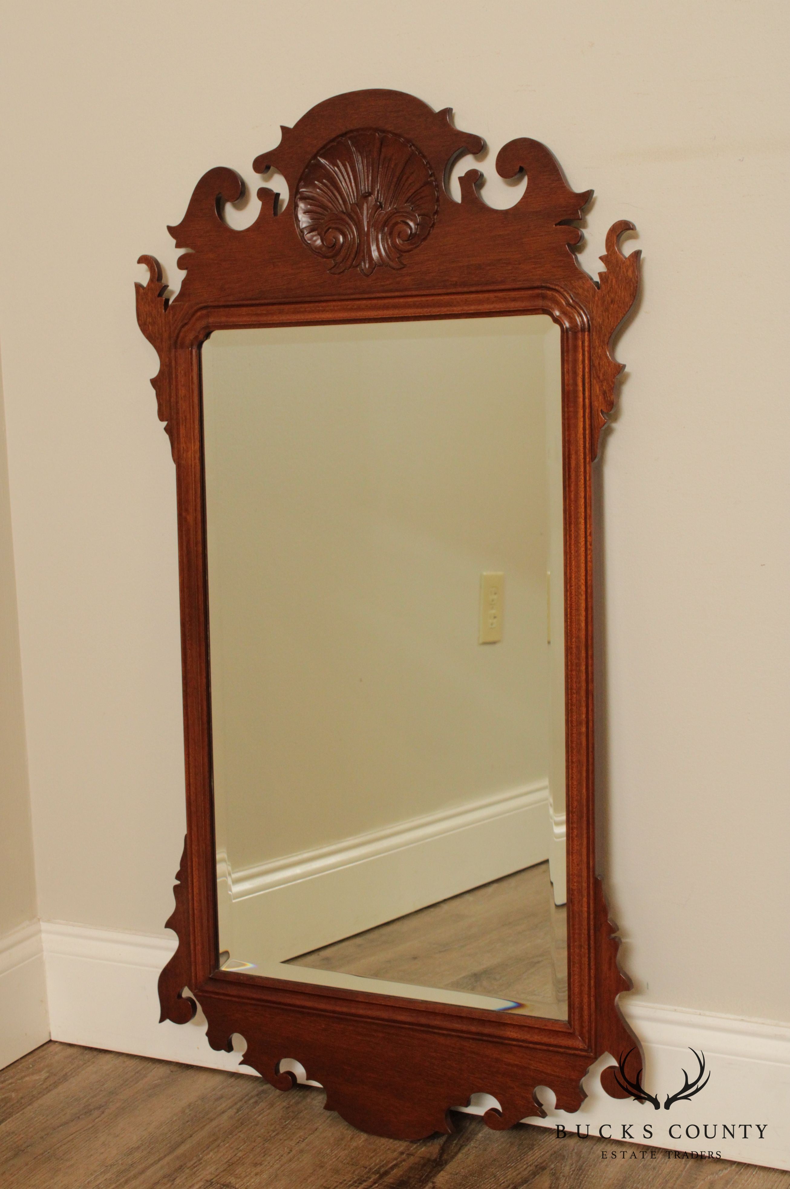 Chippendale Style Custom Crafted Solid Mahogany Shell Carved Beveled Mirror