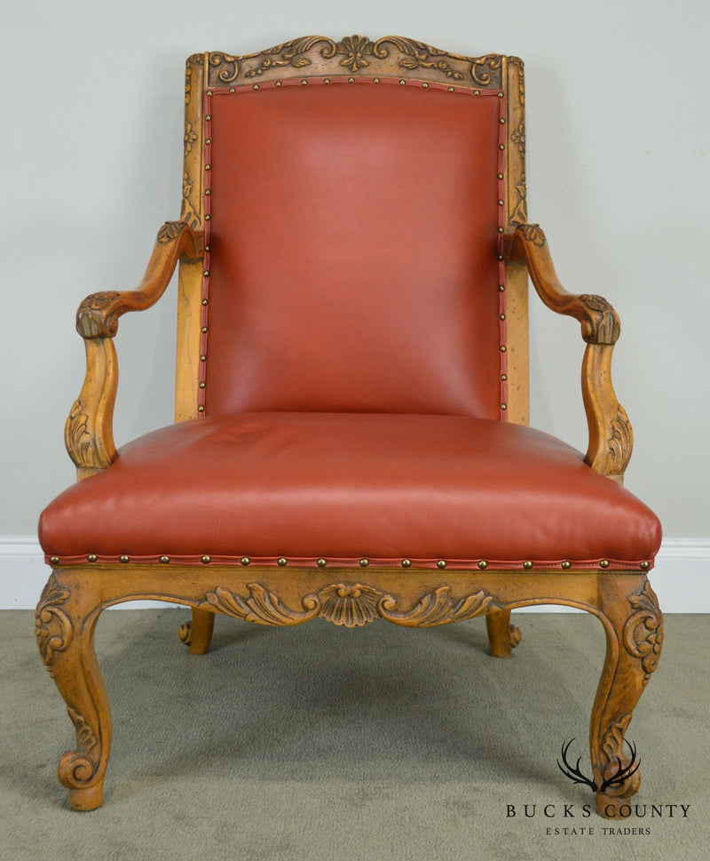 Baker Vintage French Louis XV Style Large Leather Fautevil Arm Chair