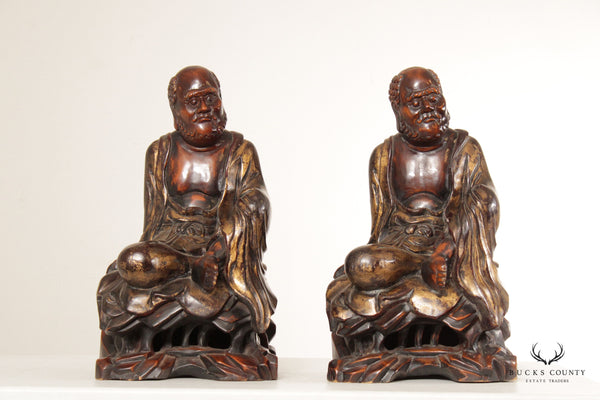 Vintage Hand Carved Pair of Chinese Immortal Statues