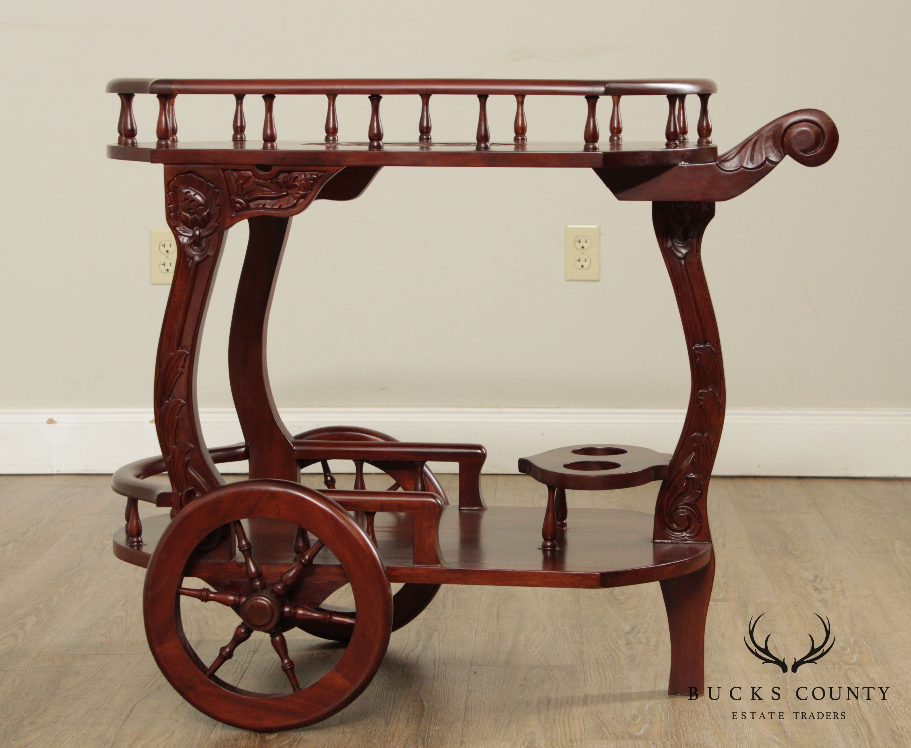 Vintage Solid Mahogany Wood Carved Tea Cart