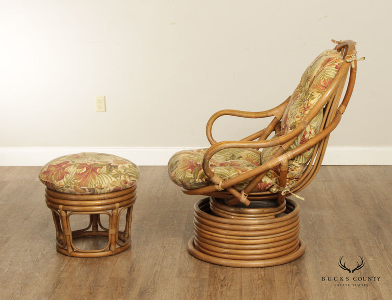 Mid Century Modern Pair Rattan Swivel Lounge Chairs with Ottoman