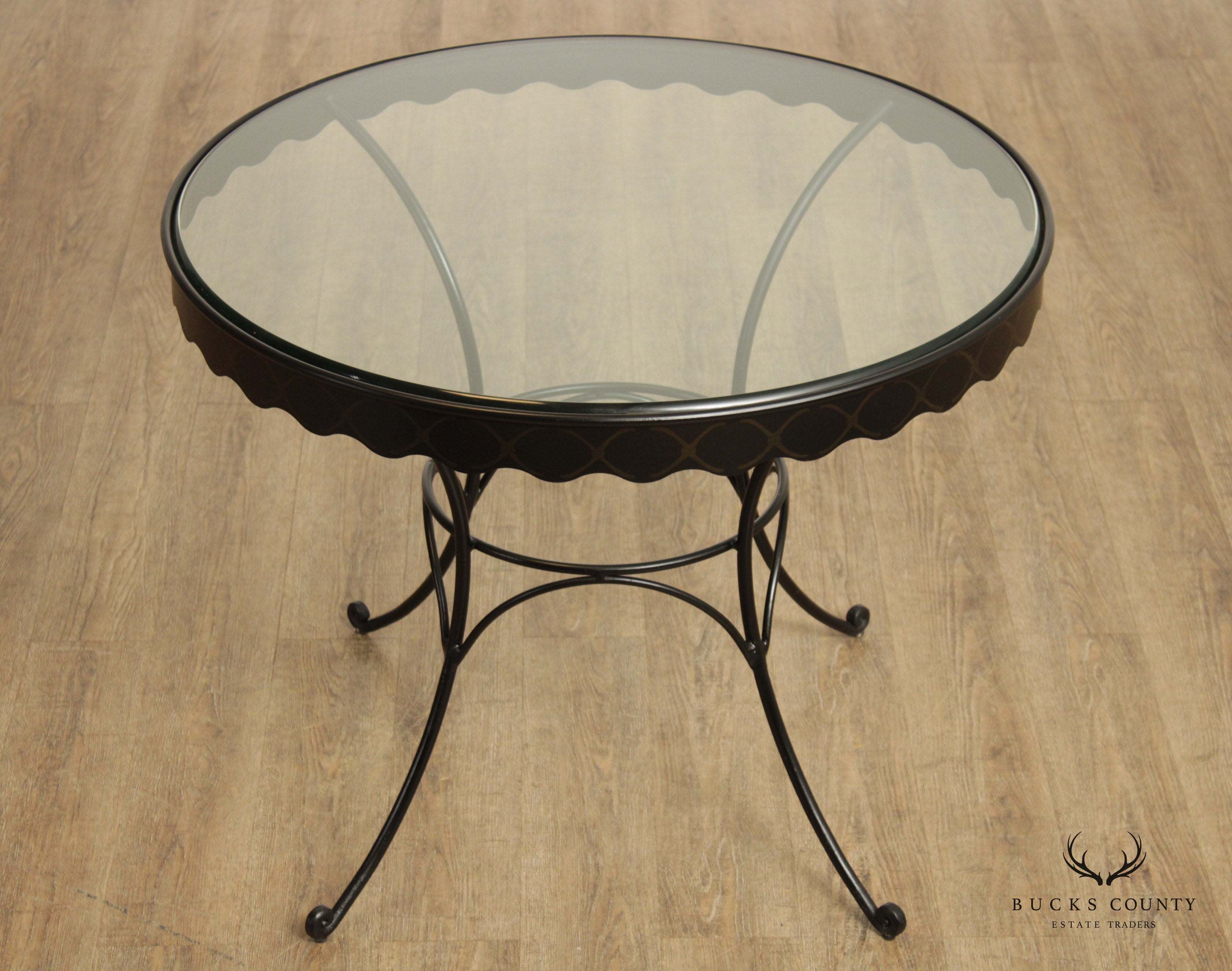 Vintage Round Wrought Iron Glass Top Outdoor Dining Table