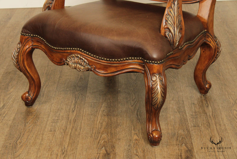 French Provincial Style Pair of Shell-Carved Leather Armchairs and Ottomans