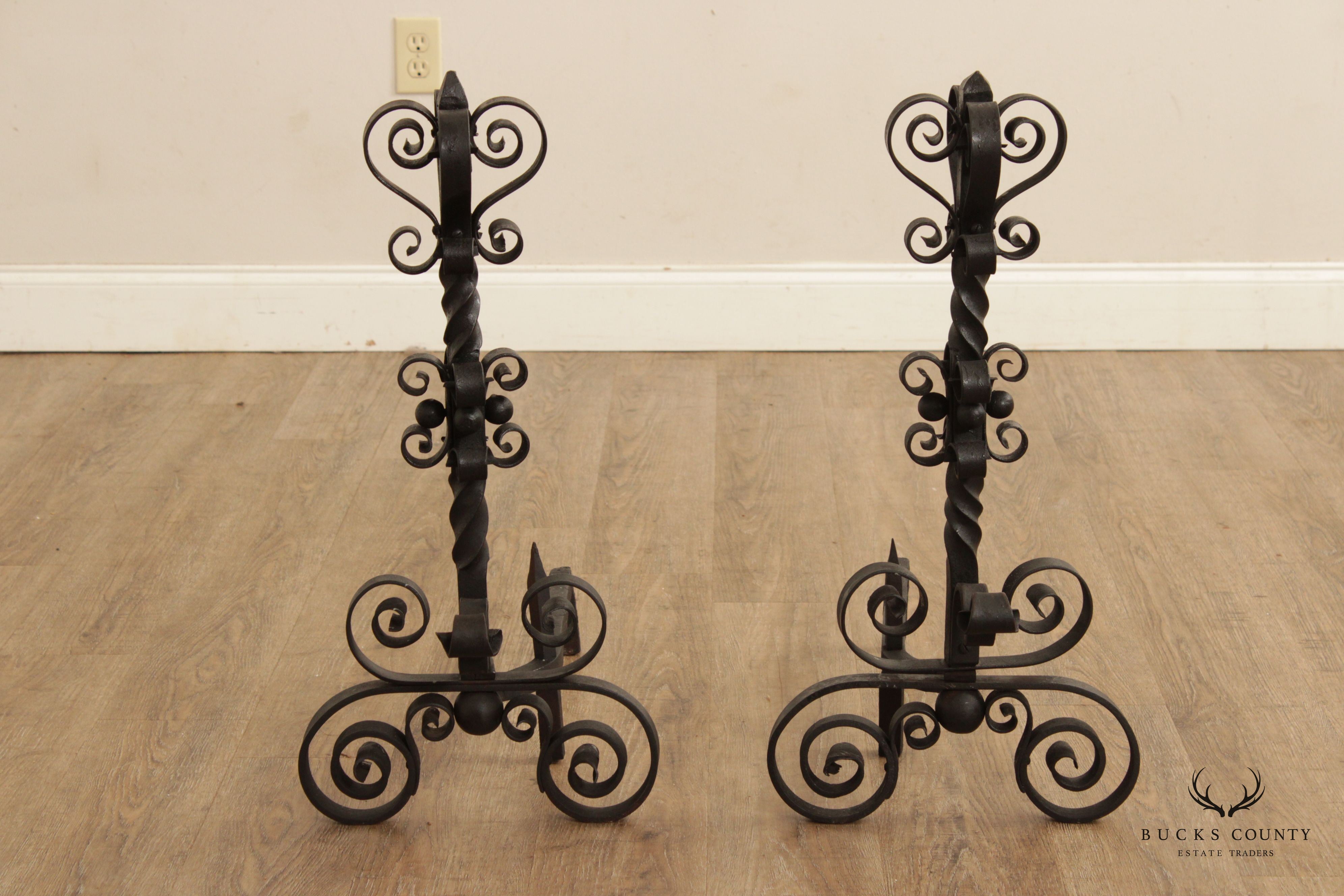 Vintage Gothic Style Pair Wrought Iron Scroll Andirons