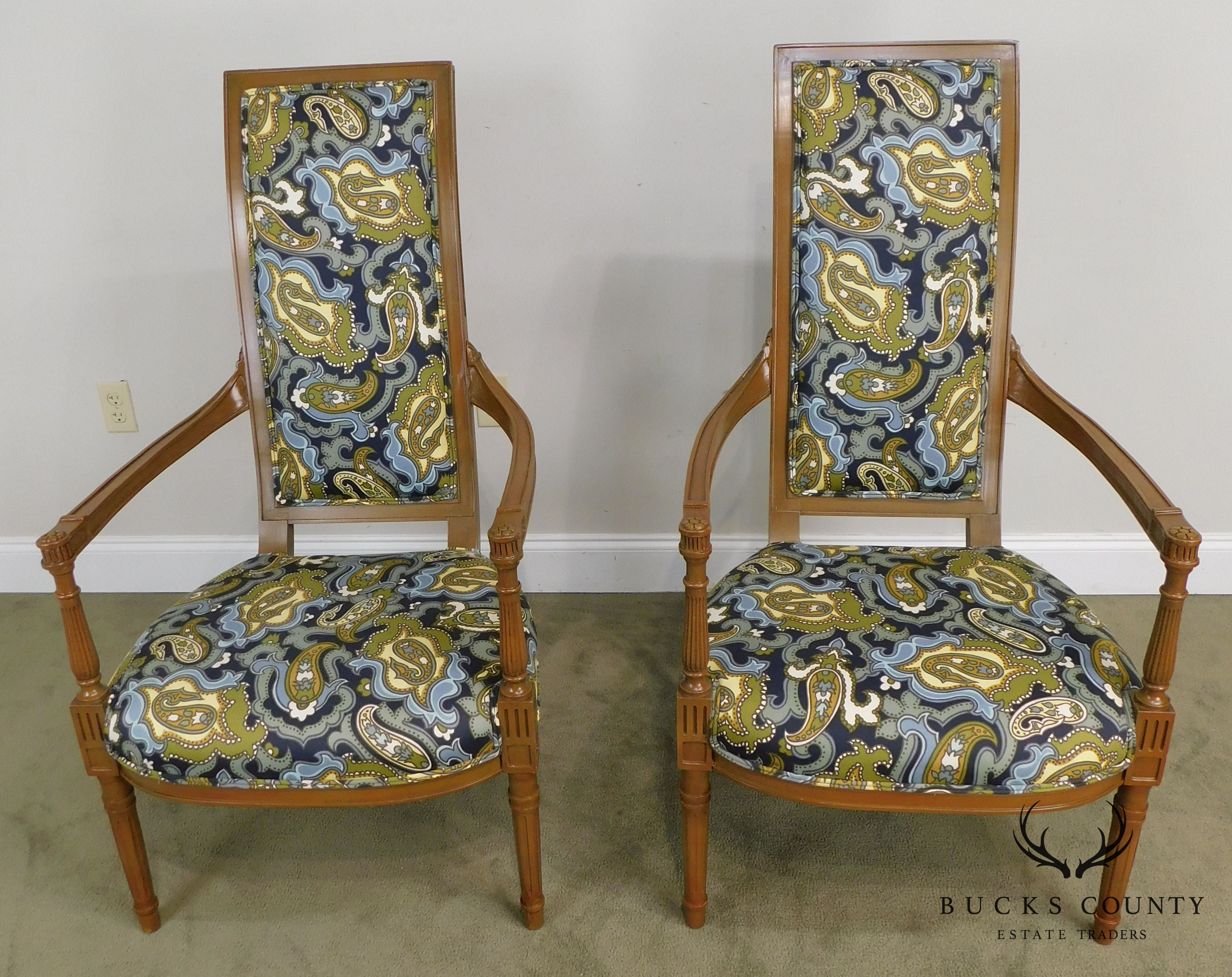 Louis XVI Style Mid Century Custom Pair High Back Armchairs