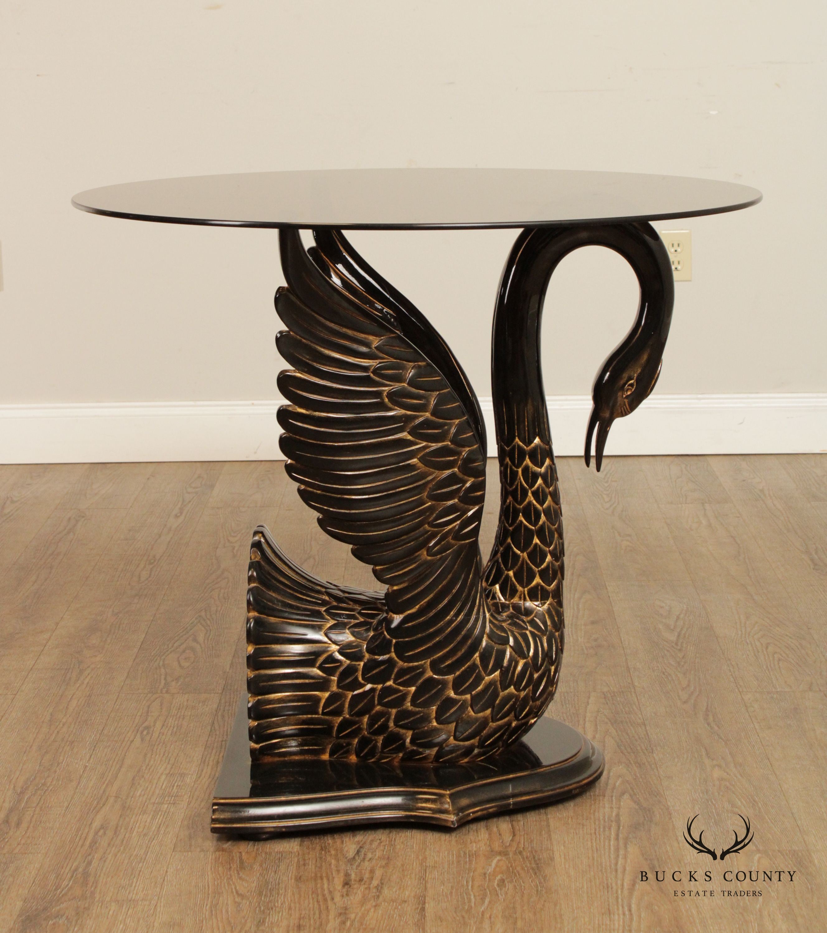 Italian Carved and Painted Wood Black Swan Glass Top Center Table