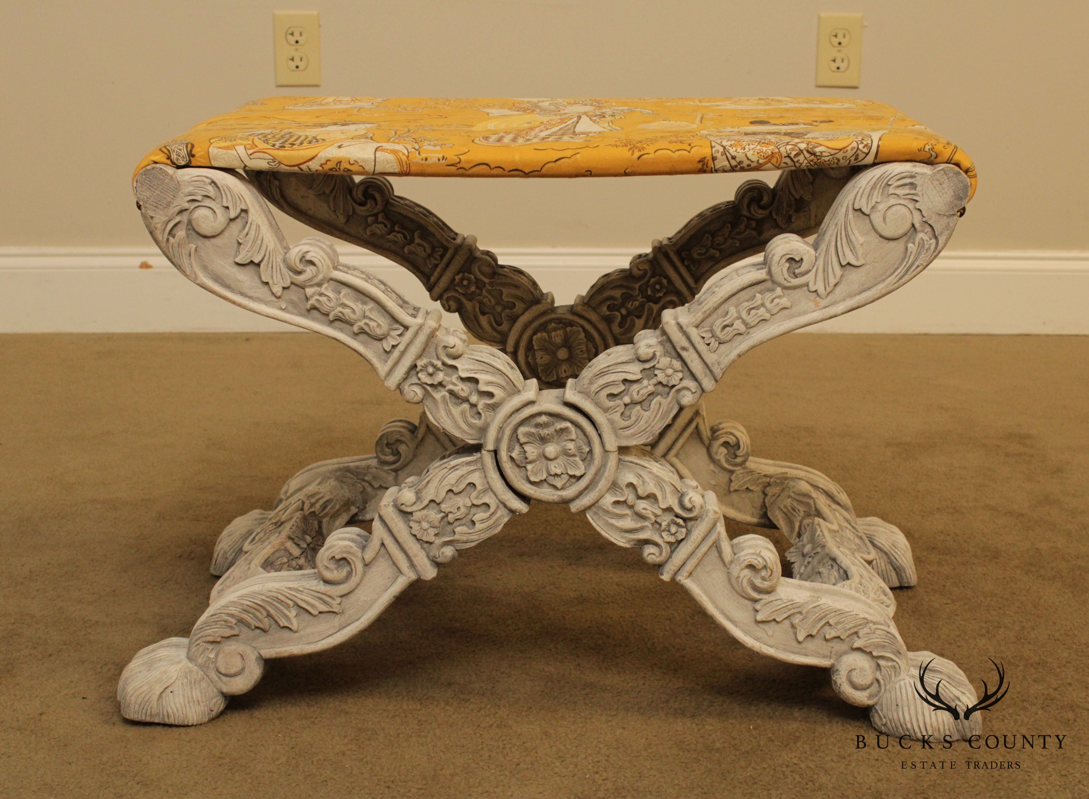 Italian Baroque Style Carved Pair X Base Benches or Stools